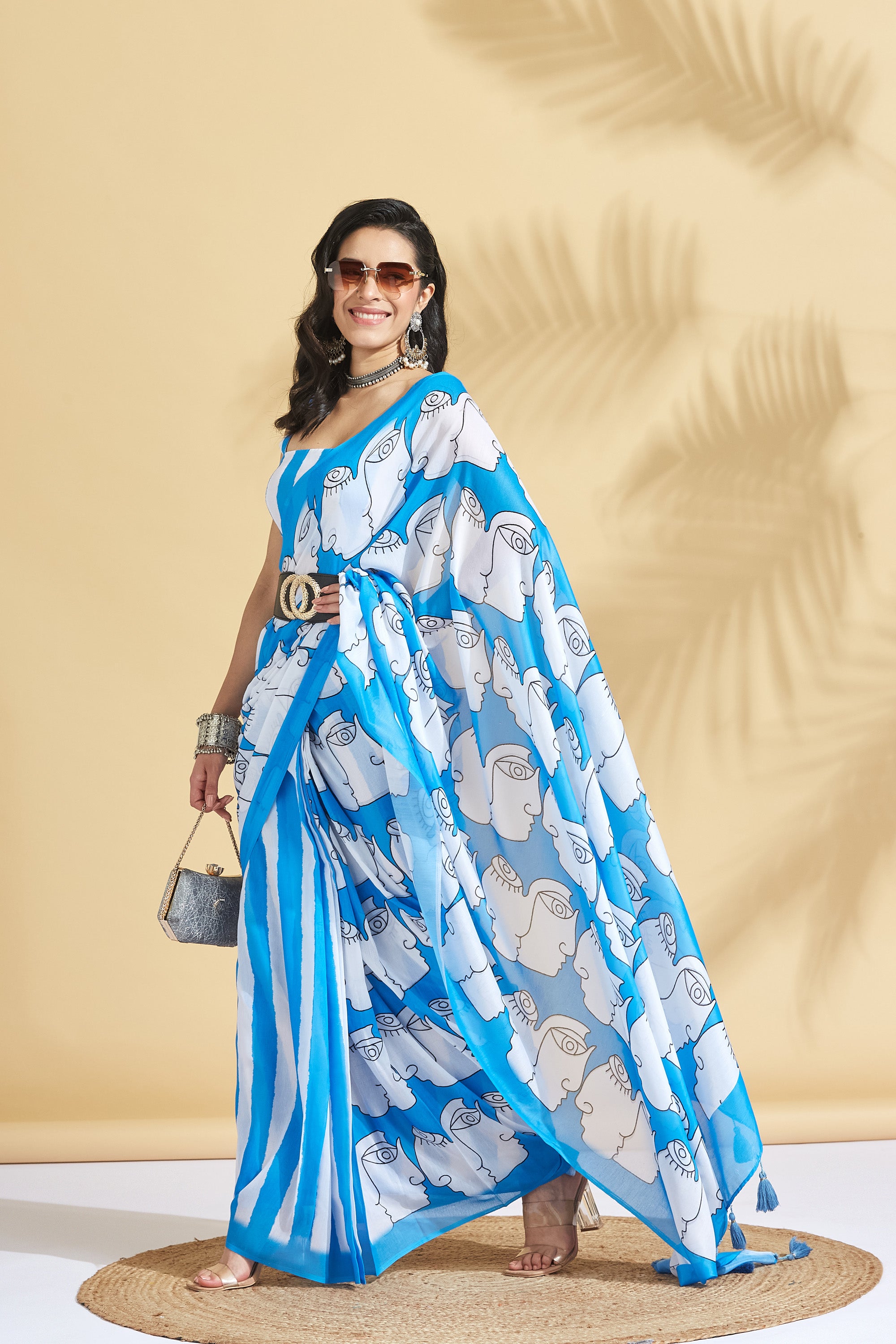 Digital Mural Face Prints Soft Cotton Saree