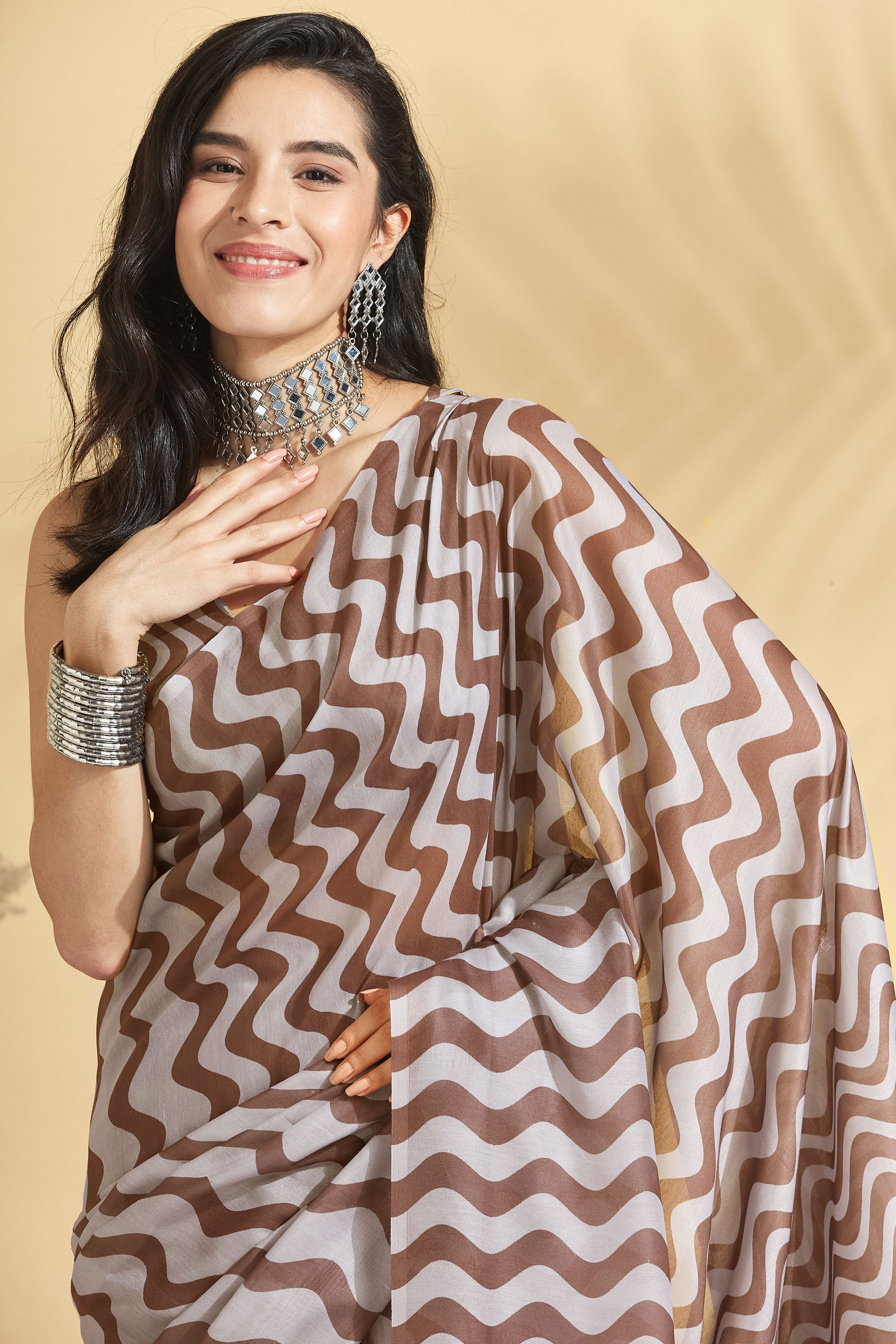 Digital Chevron Wave Prints Soft Cotton Ready to Wear Saree