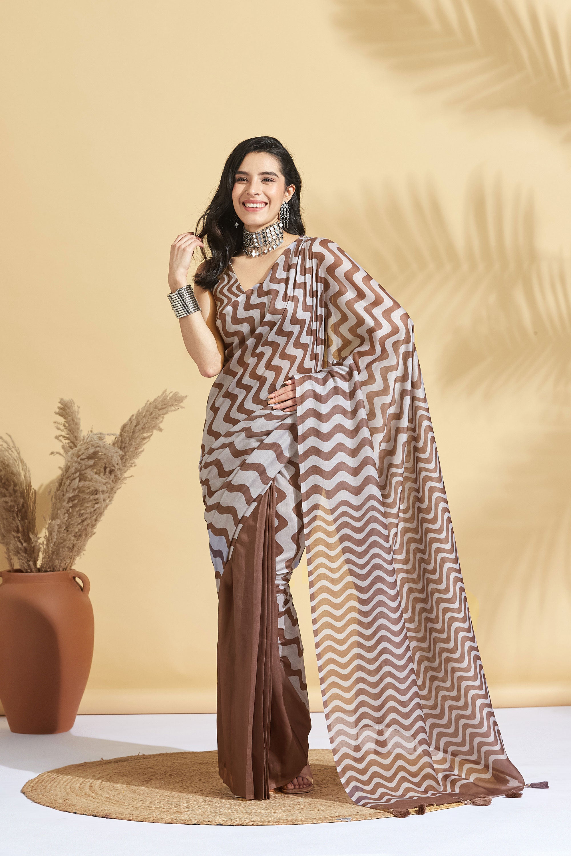 Digital Chevron Wave Prints Soft Cotton  Saree
