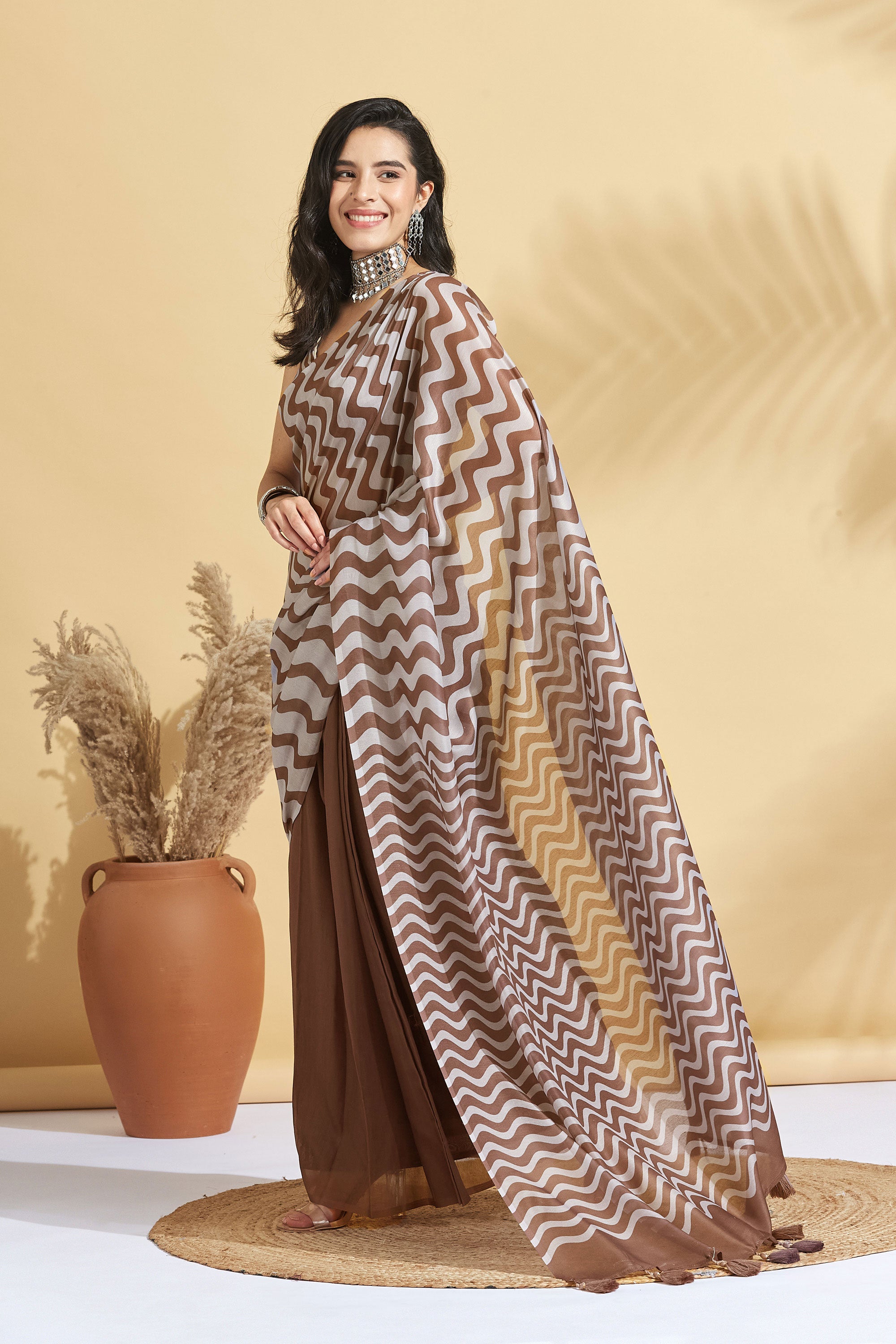 Digital Chevron Wave Prints Soft Cotton  Saree