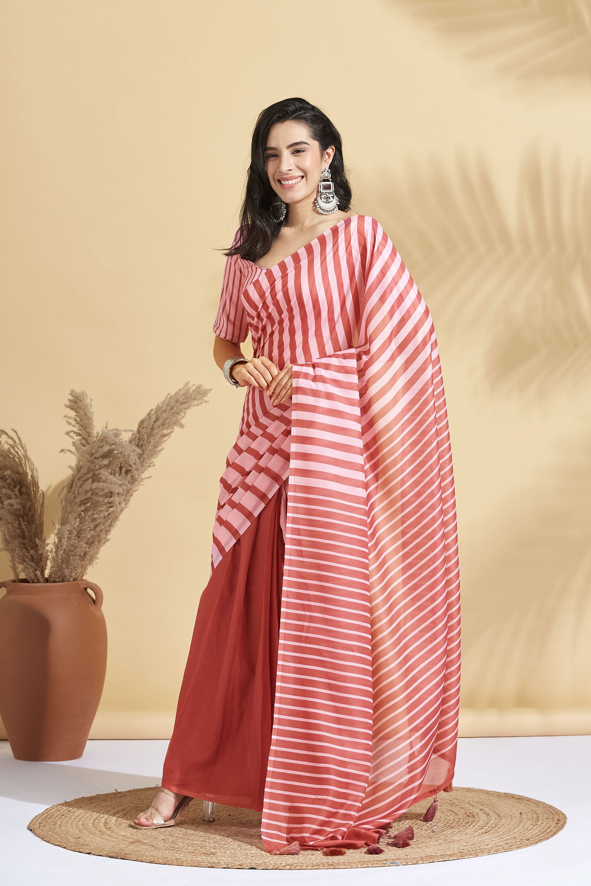Digital Blush Stripes Prints Soft Cotton Saree