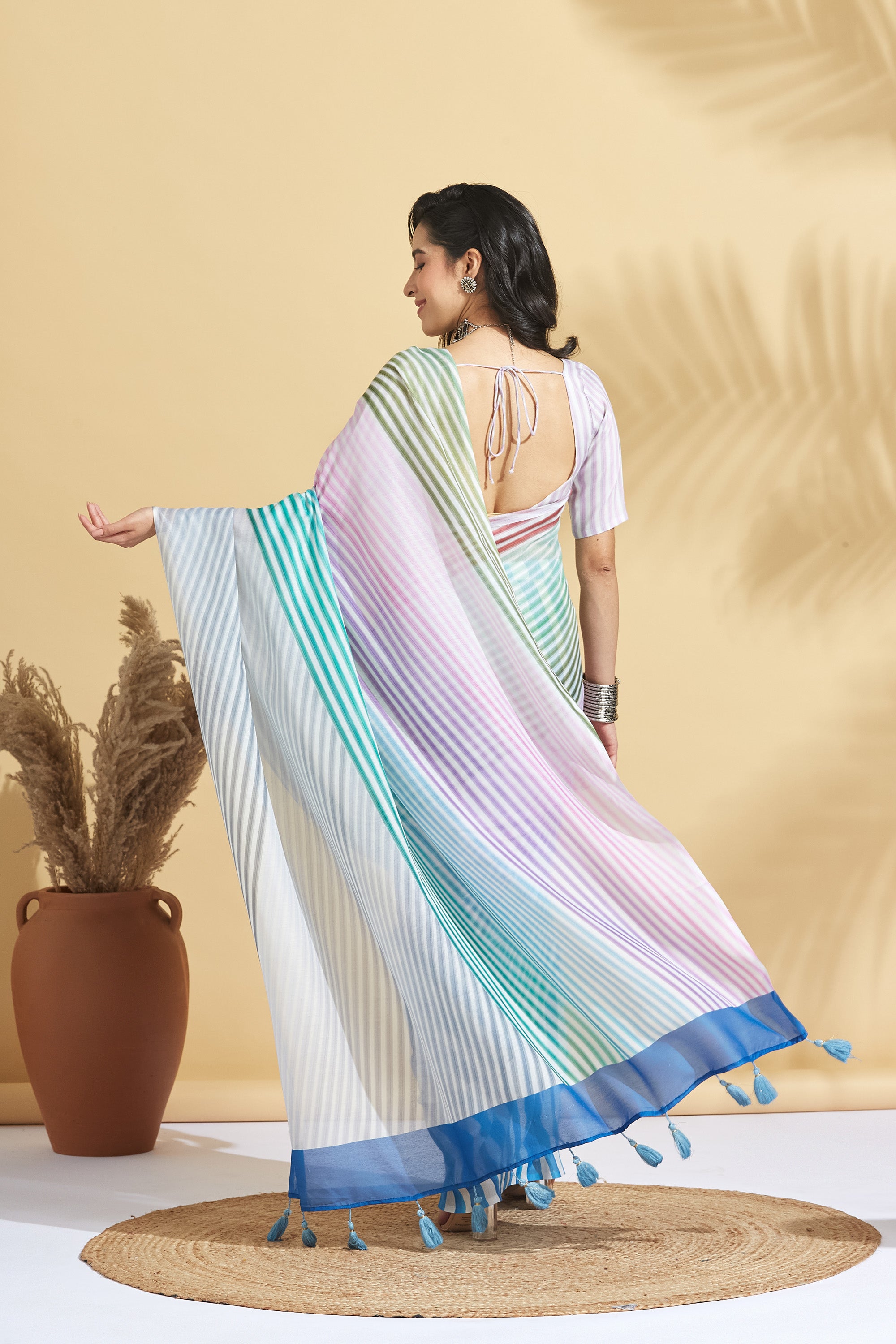 Digital Stripe Print White Soft Cotton Ready to Wear Saree