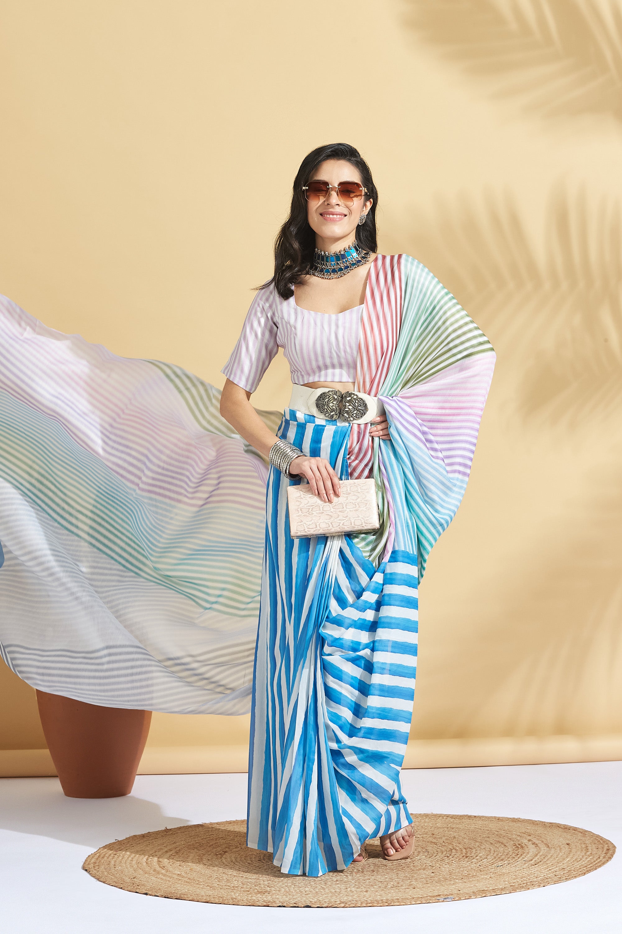 Digital Stripe Print White Soft Cotton Ready to Wear Saree