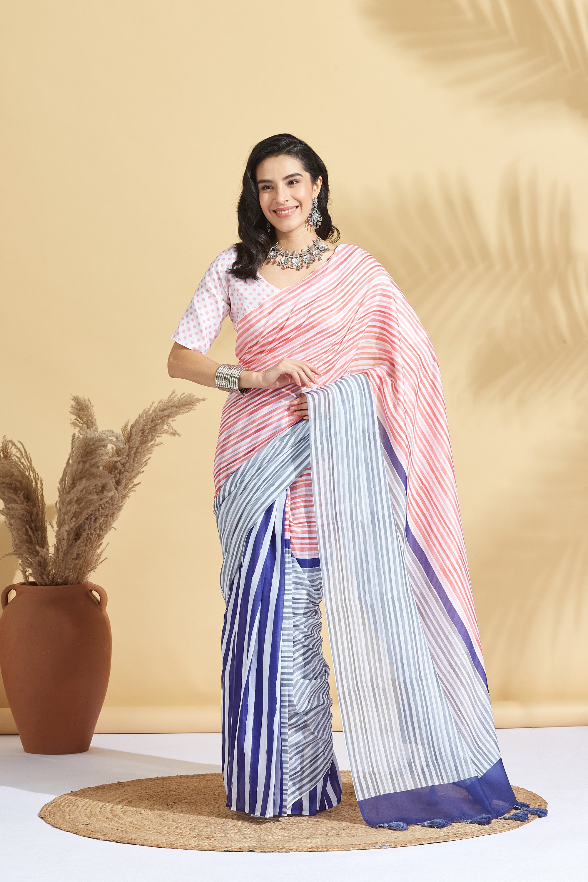 Digital Stripe Pastel Print Soft Cotton  Saree