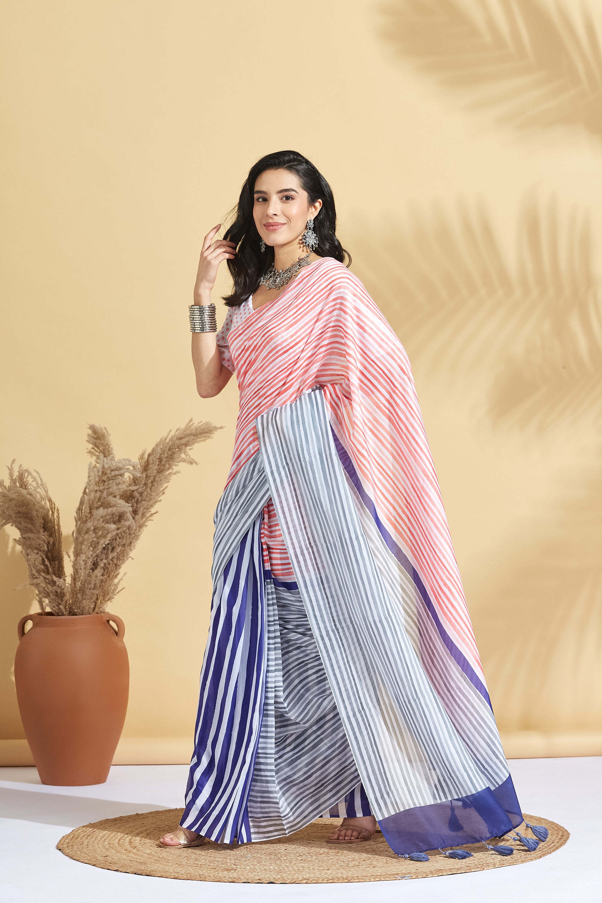 Digital Stripe Pastel Print Soft Cotton Ready to Wear Saree