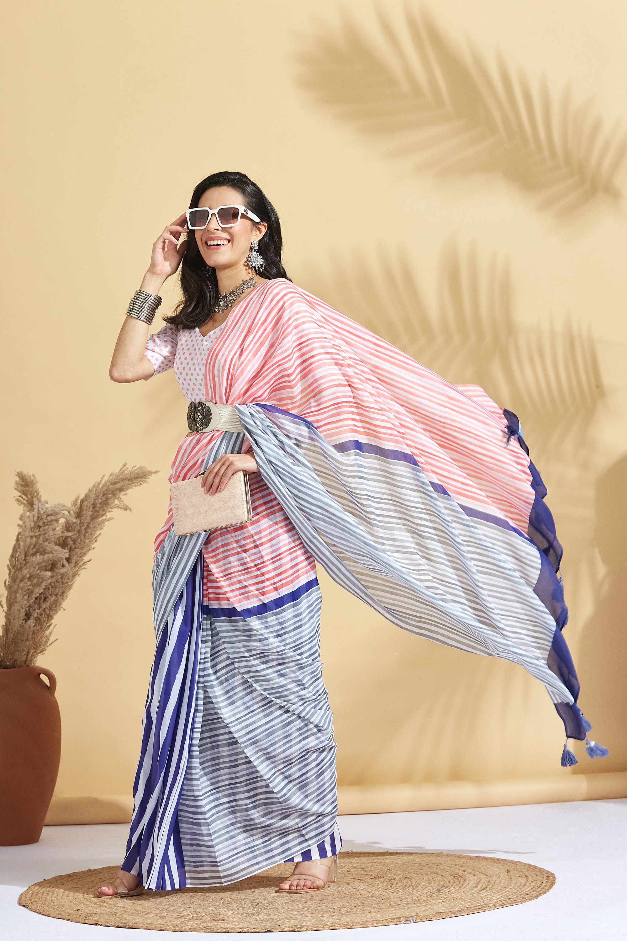 Digital Stripe Pastel Print Soft Cotton  Saree