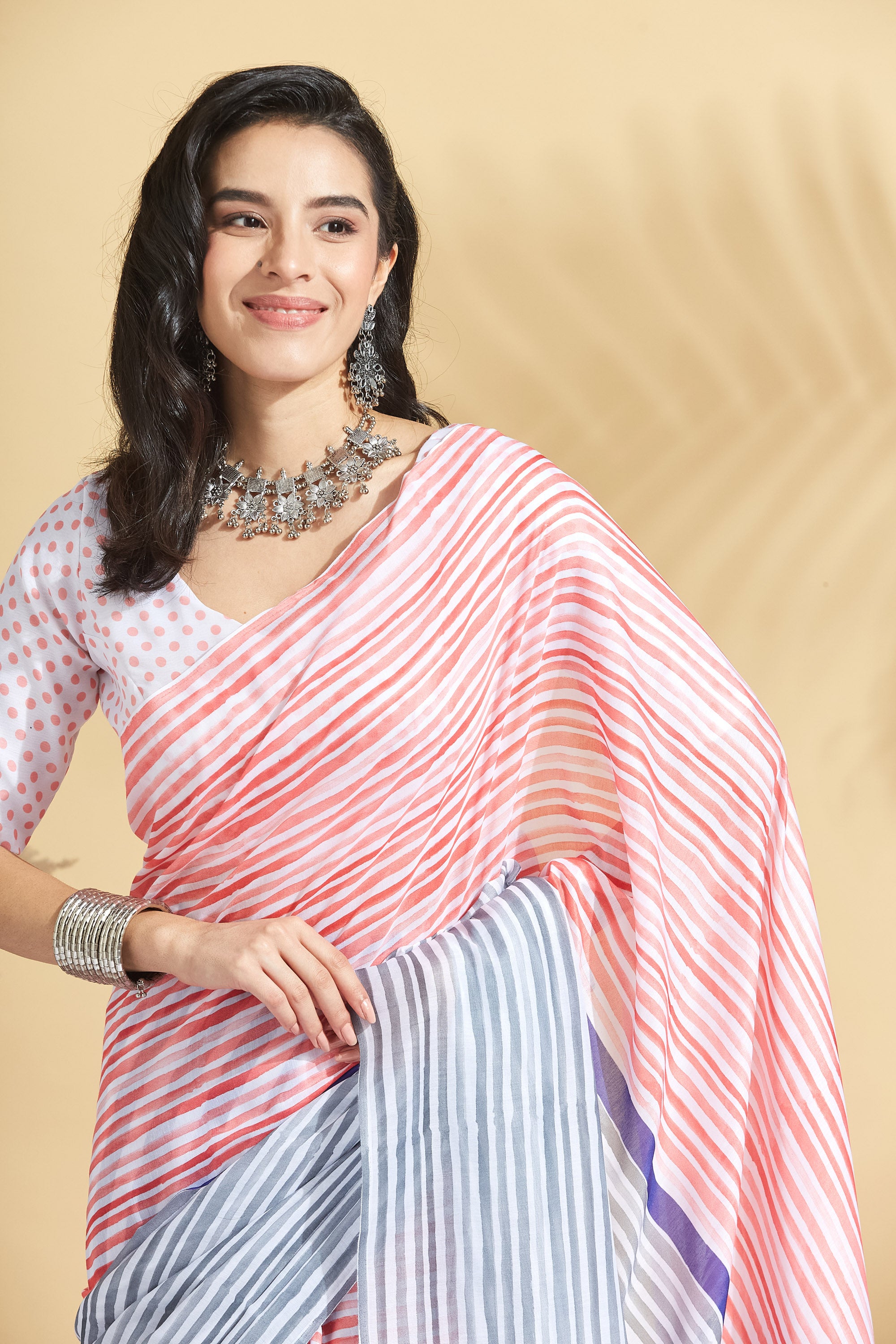 Digital Stripe Pastel Print Soft Cotton Ready to Wear Saree