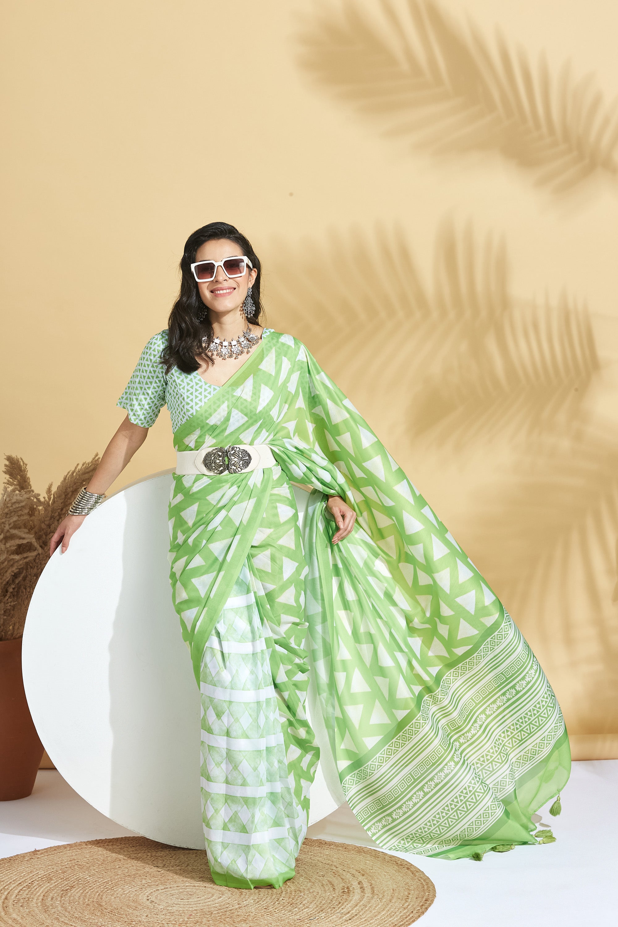 Digital Geometric Sketch Print Mulmul Cotton Saree