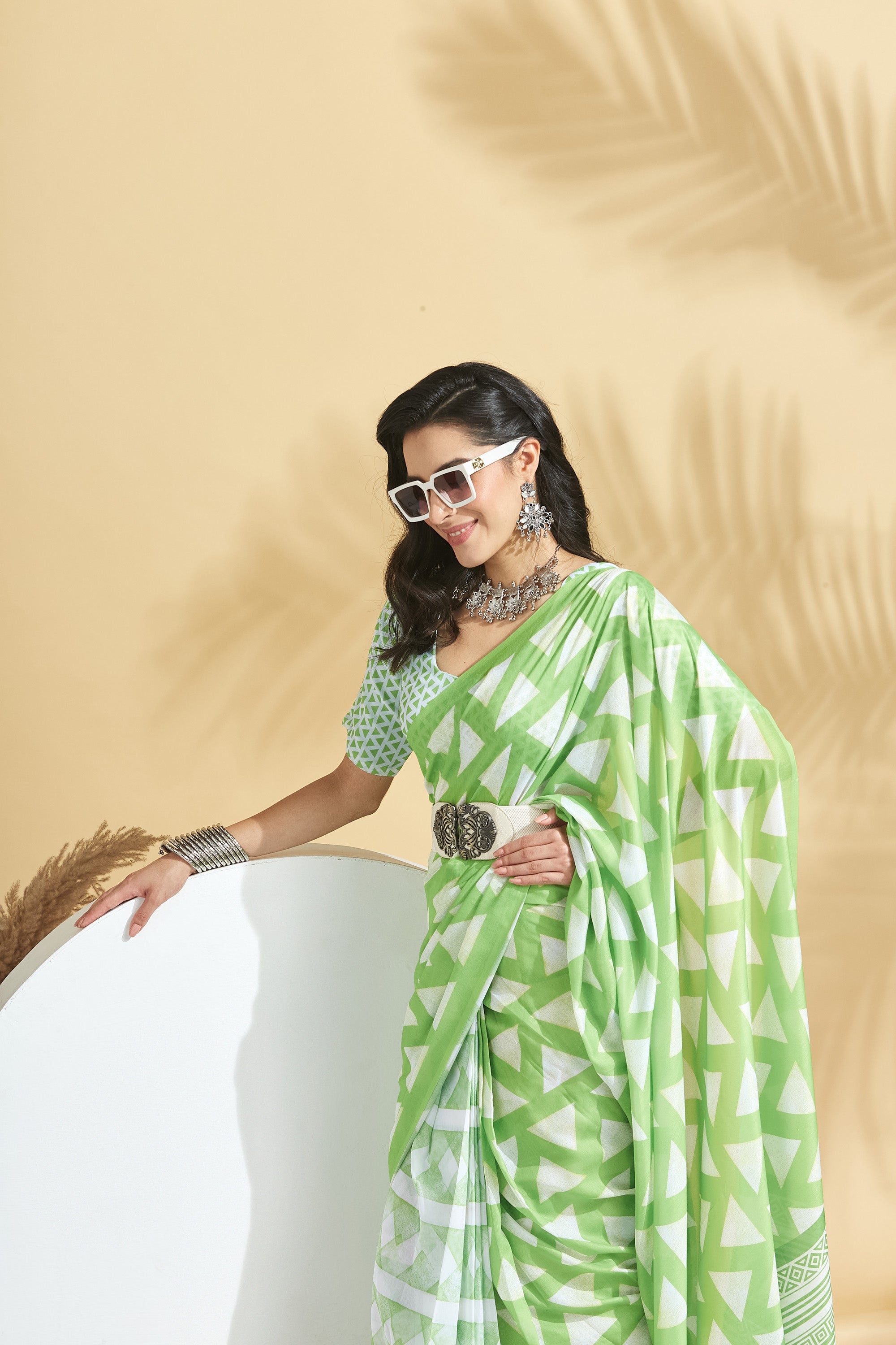 Digital Geometric Sketch Print Mulmul Cotton Ready to Wear Saree