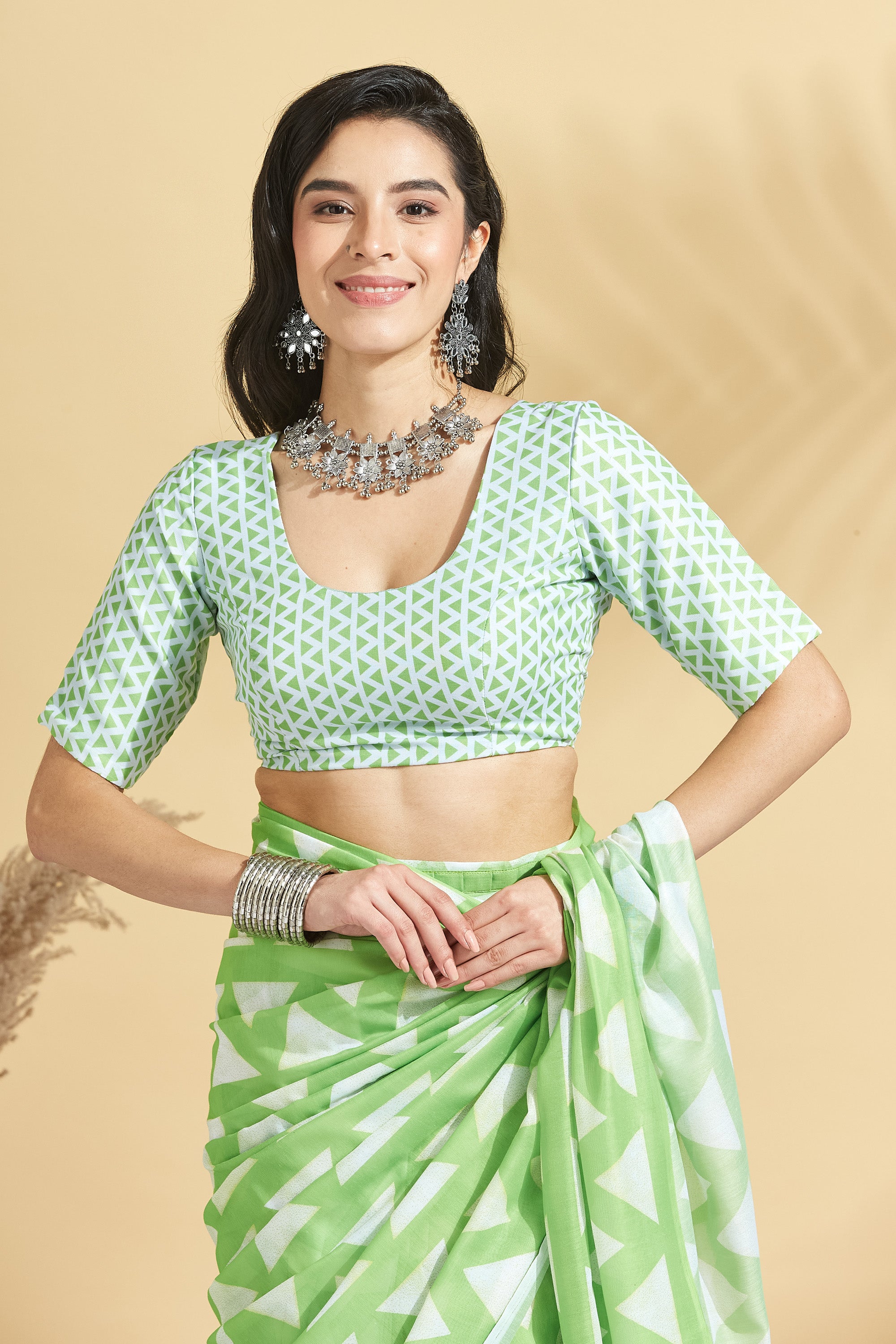 Digital Geometric Sketch Print Mulmul Cotton Ready to Wear Saree