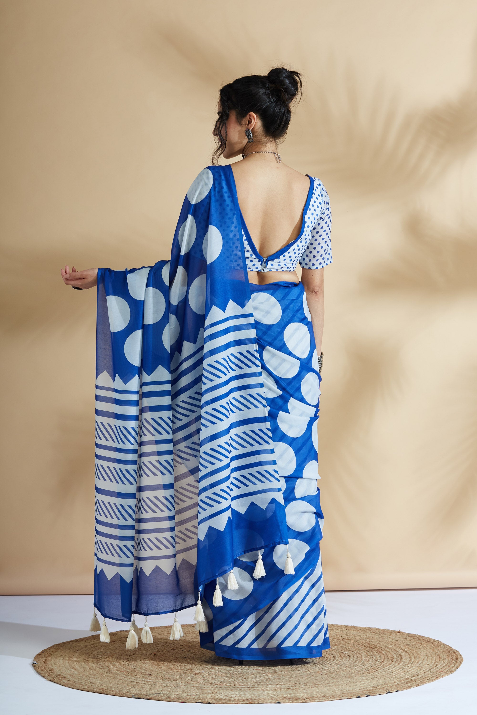 Digital Printed Tassels Work Mulmul Cotton Blue  Saree