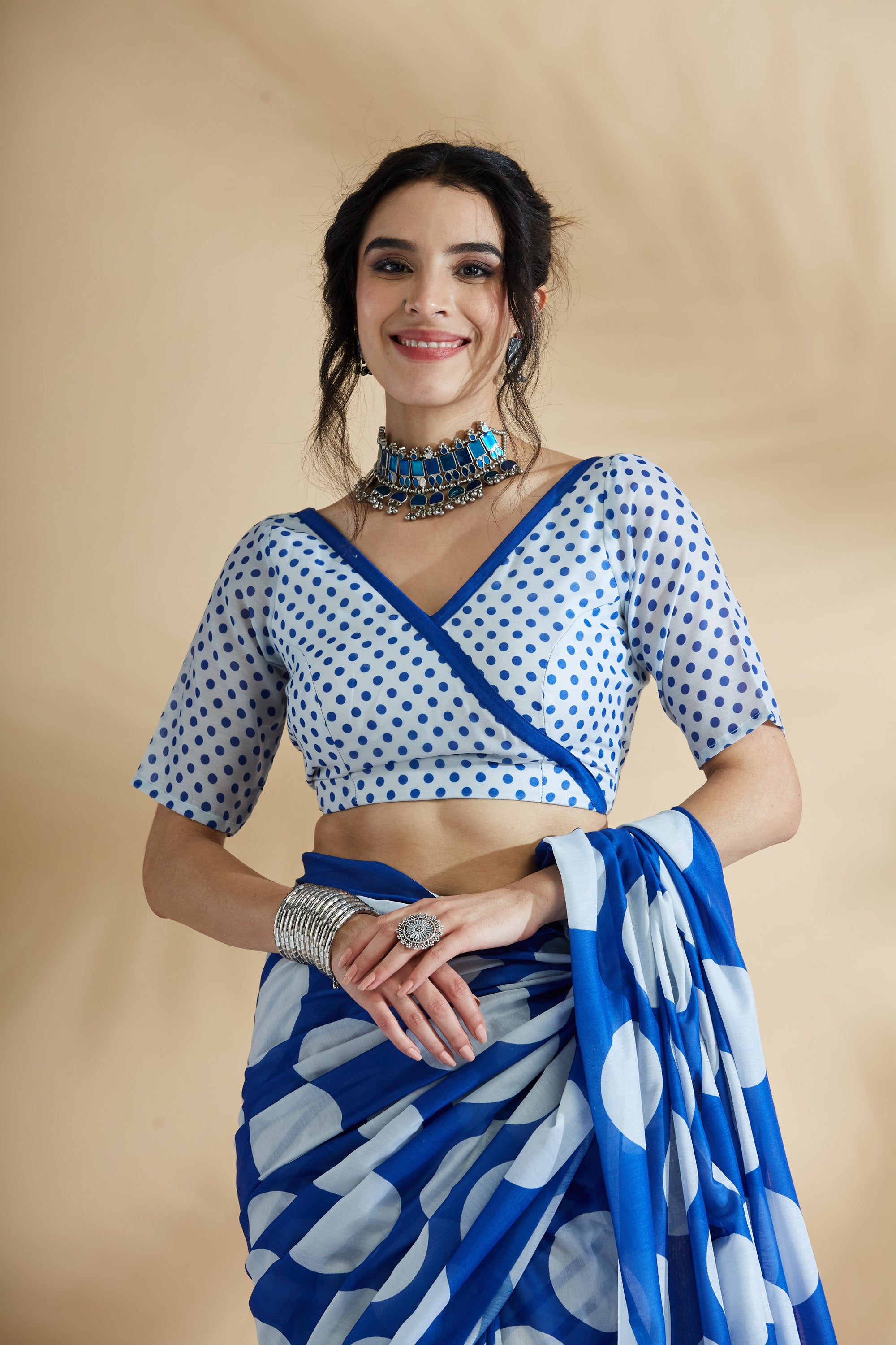 Digital Printed Tassels Work Mulmul Cotton Blue  Saree