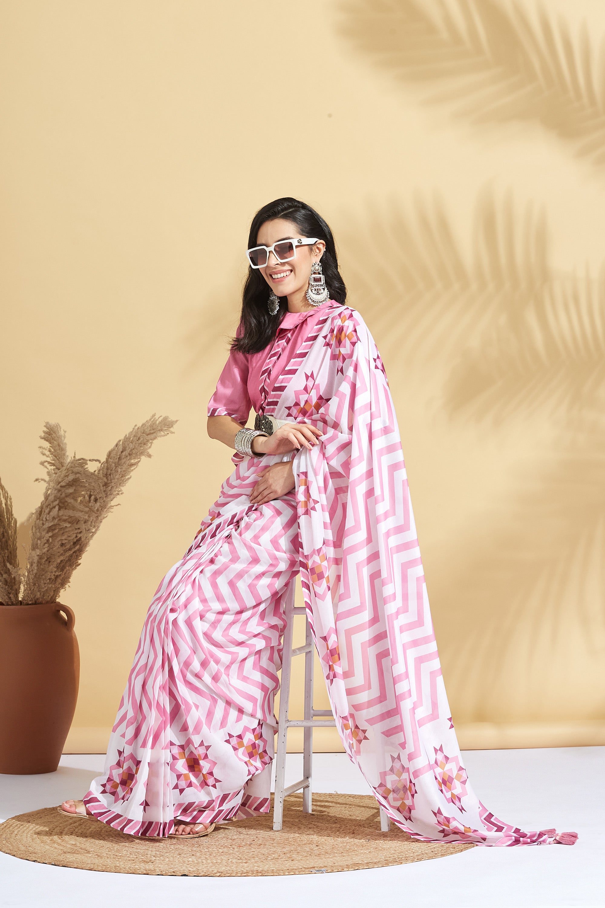 Digital Chevron Print Soft Art Cotton  Saree