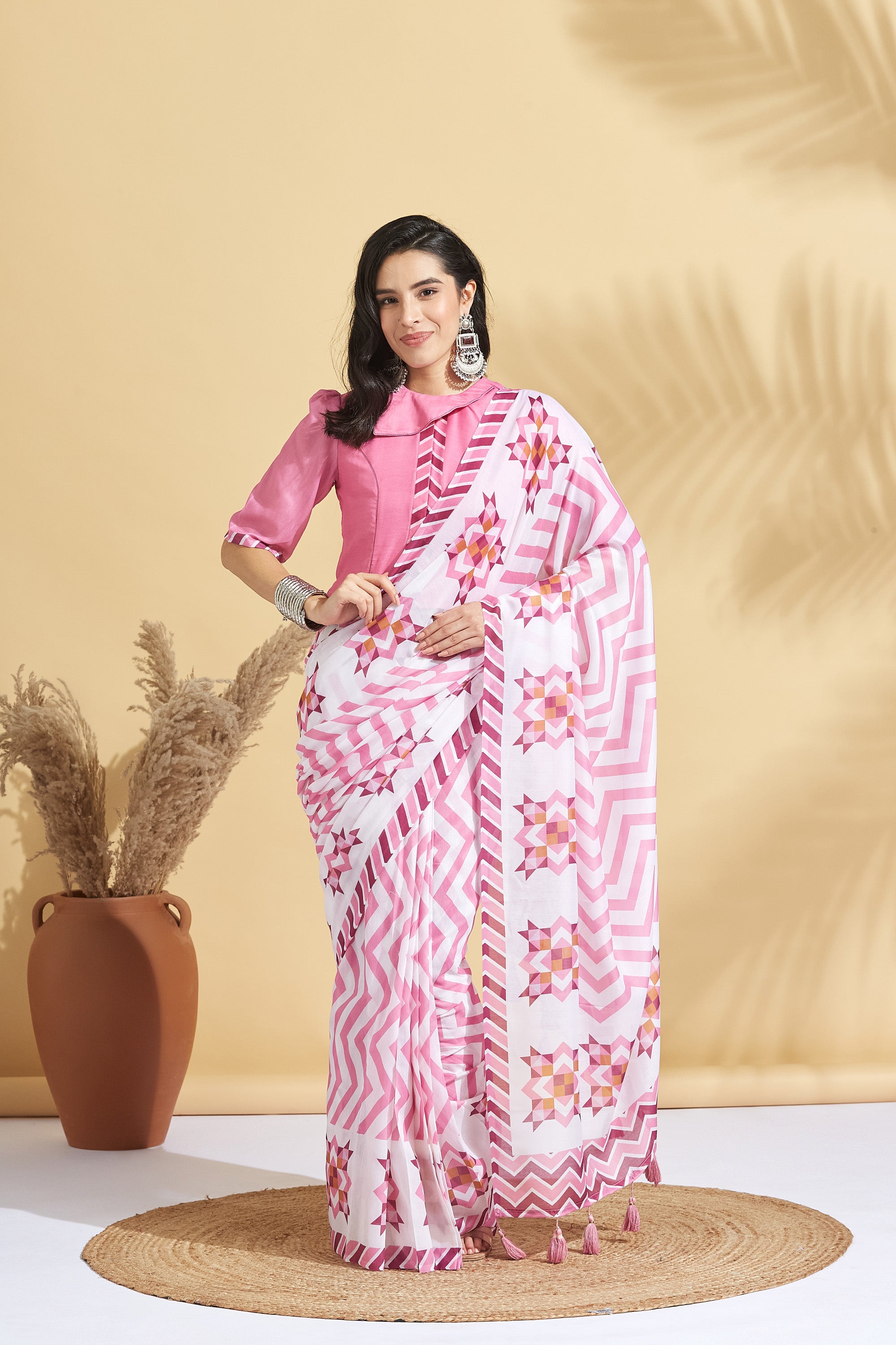 Digital Chevron Print Soft Art Cotton  Saree