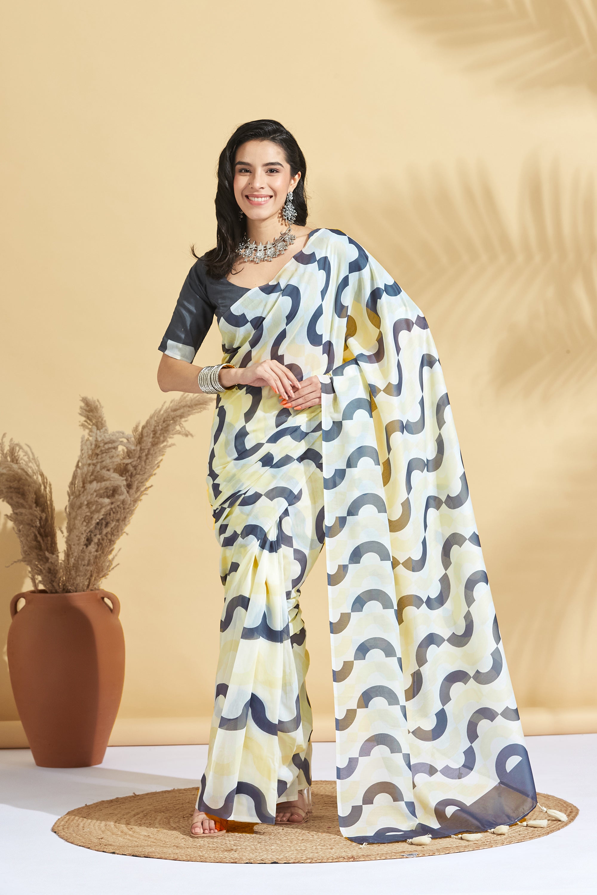 Digital Pastel Prints Lemon Soft Cotton Ready to Wear Saree