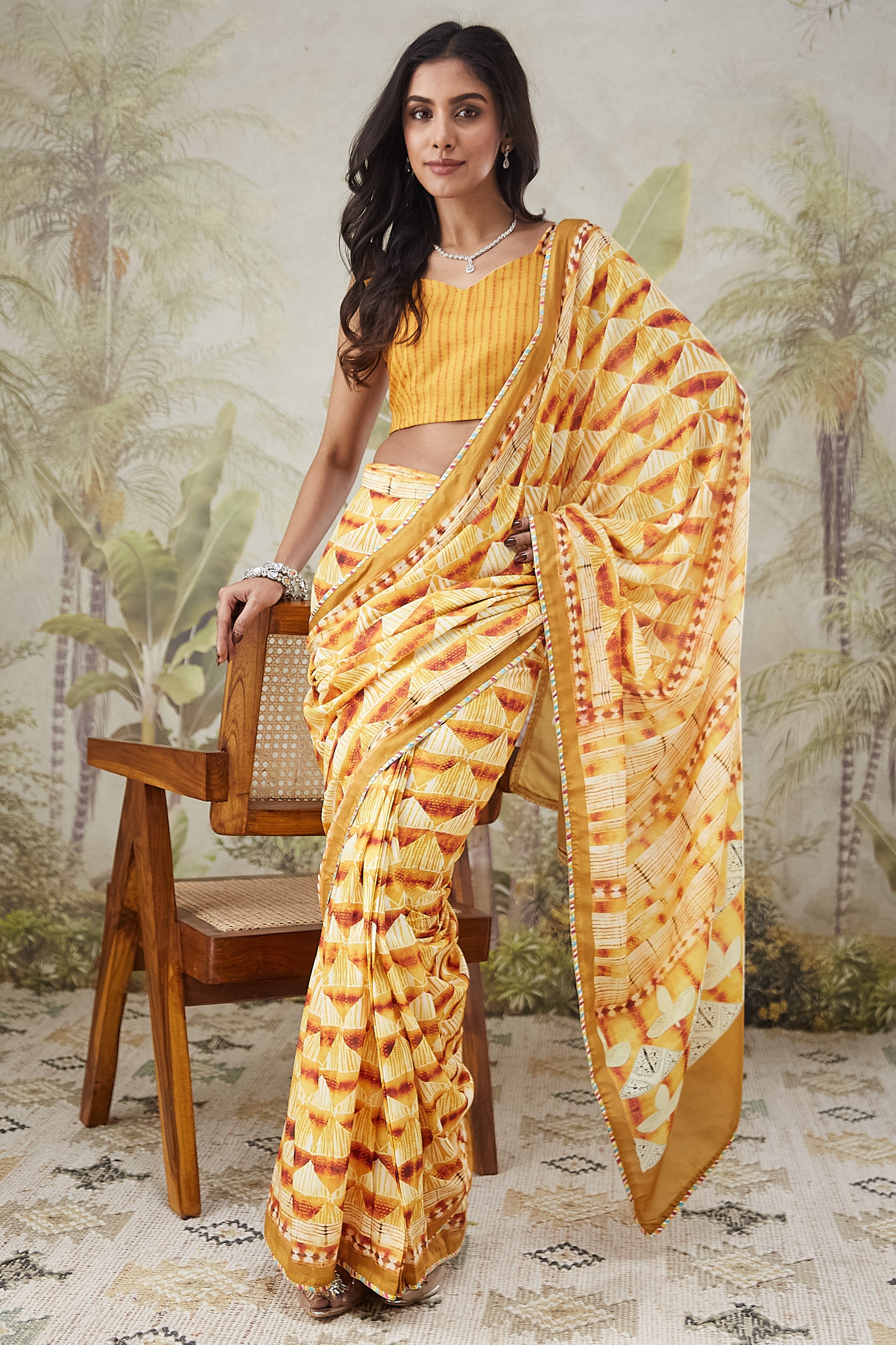 Geometric Prints Lace Border Ready To Wear Saree