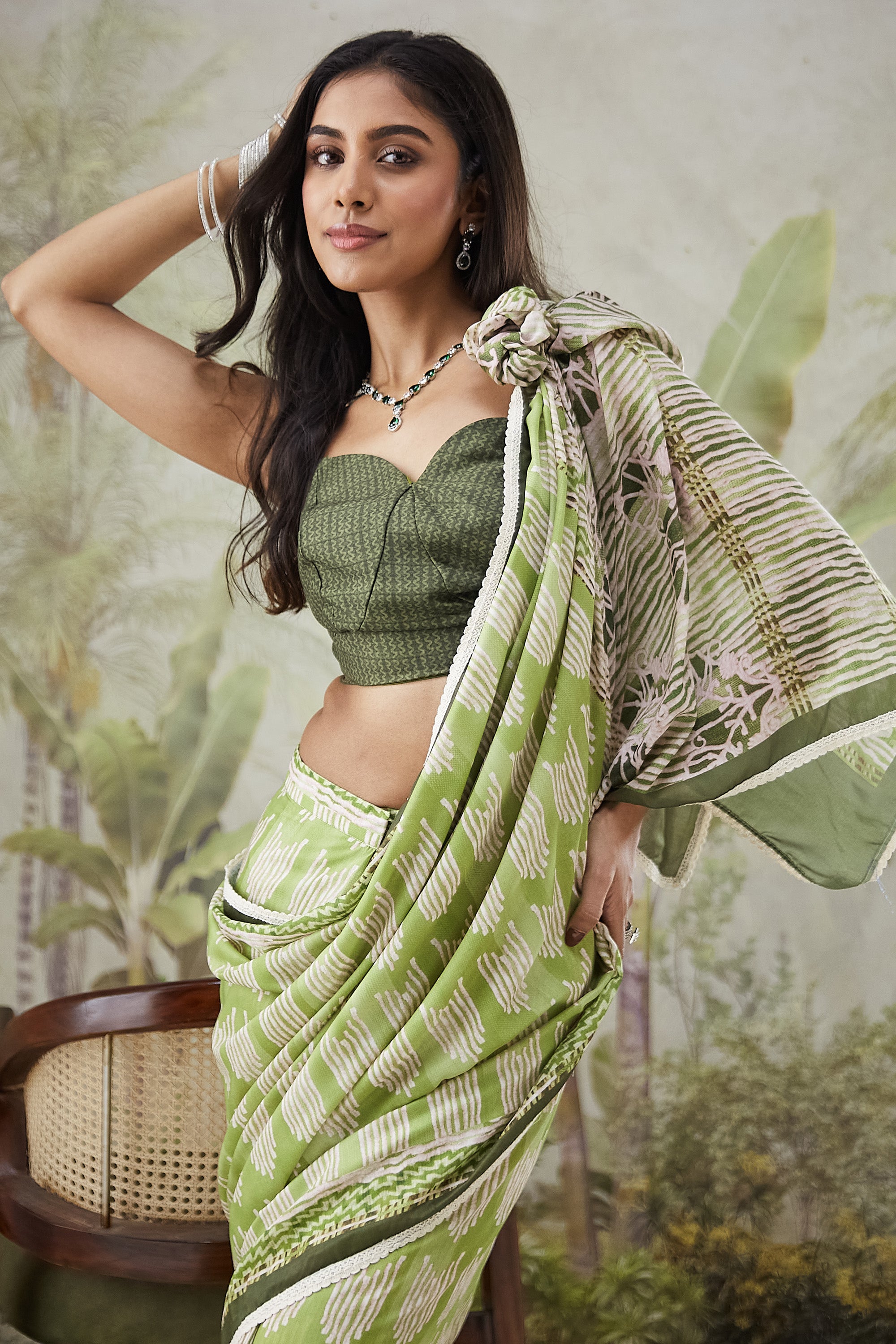 Strips Print Lace Border Ready To Wear Saree