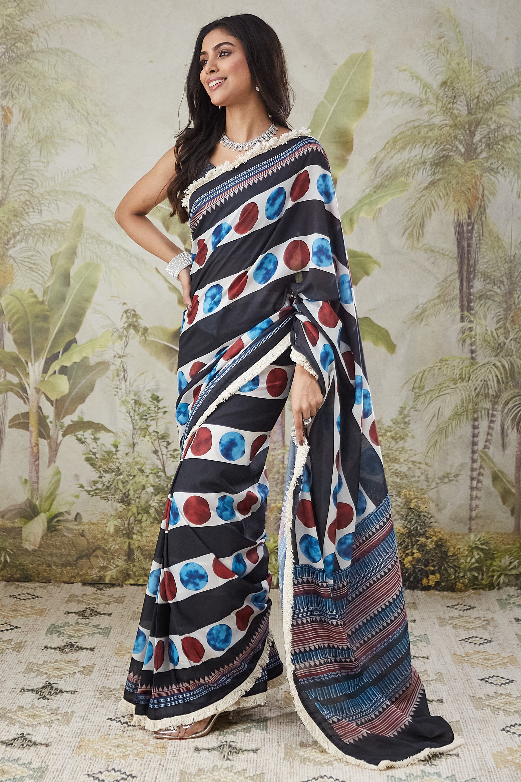 Embellished Lace Geometric Print Ready To Wear Saree