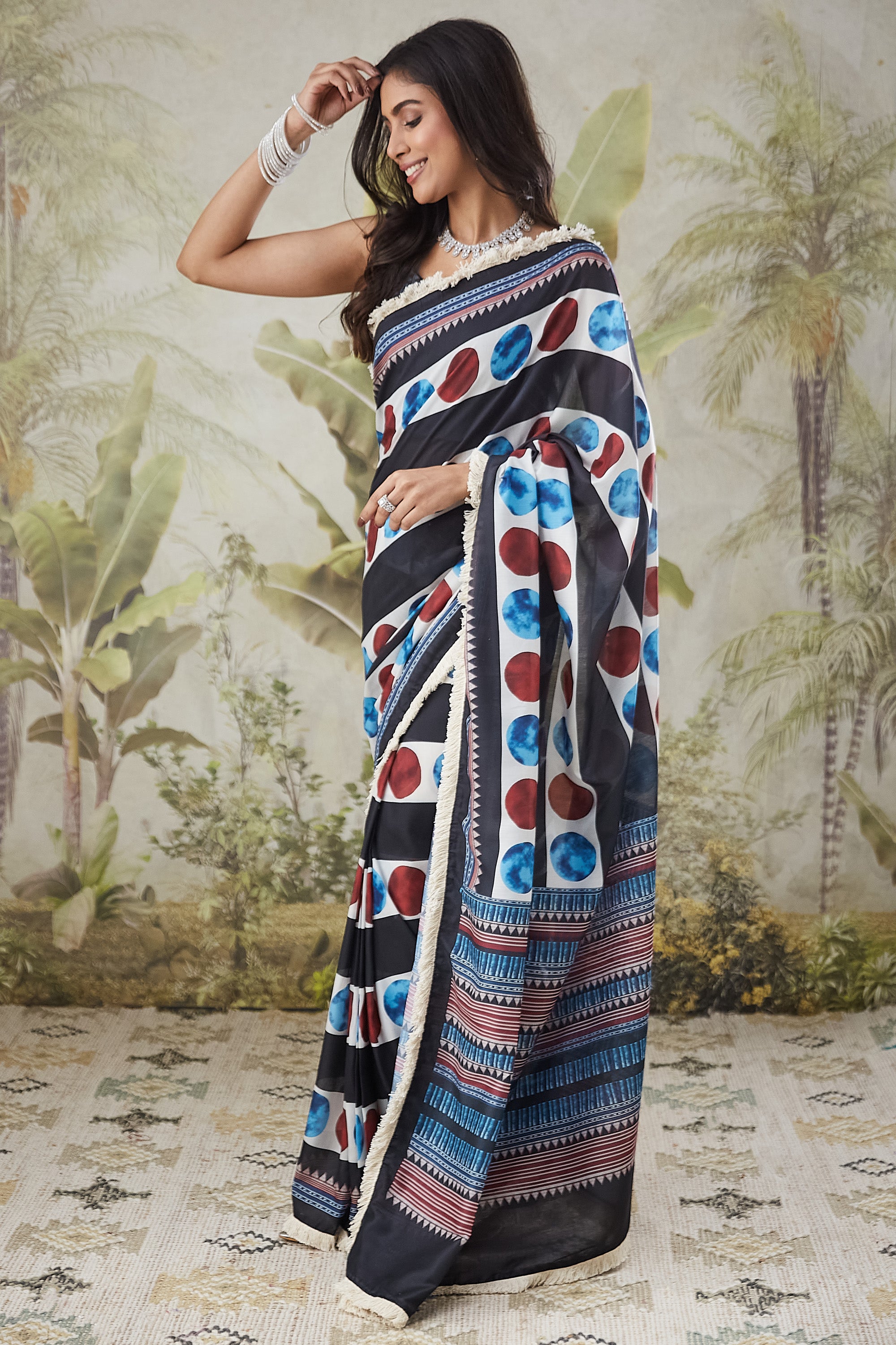 Embellished Lace Geometric Print Ready To Wear Saree