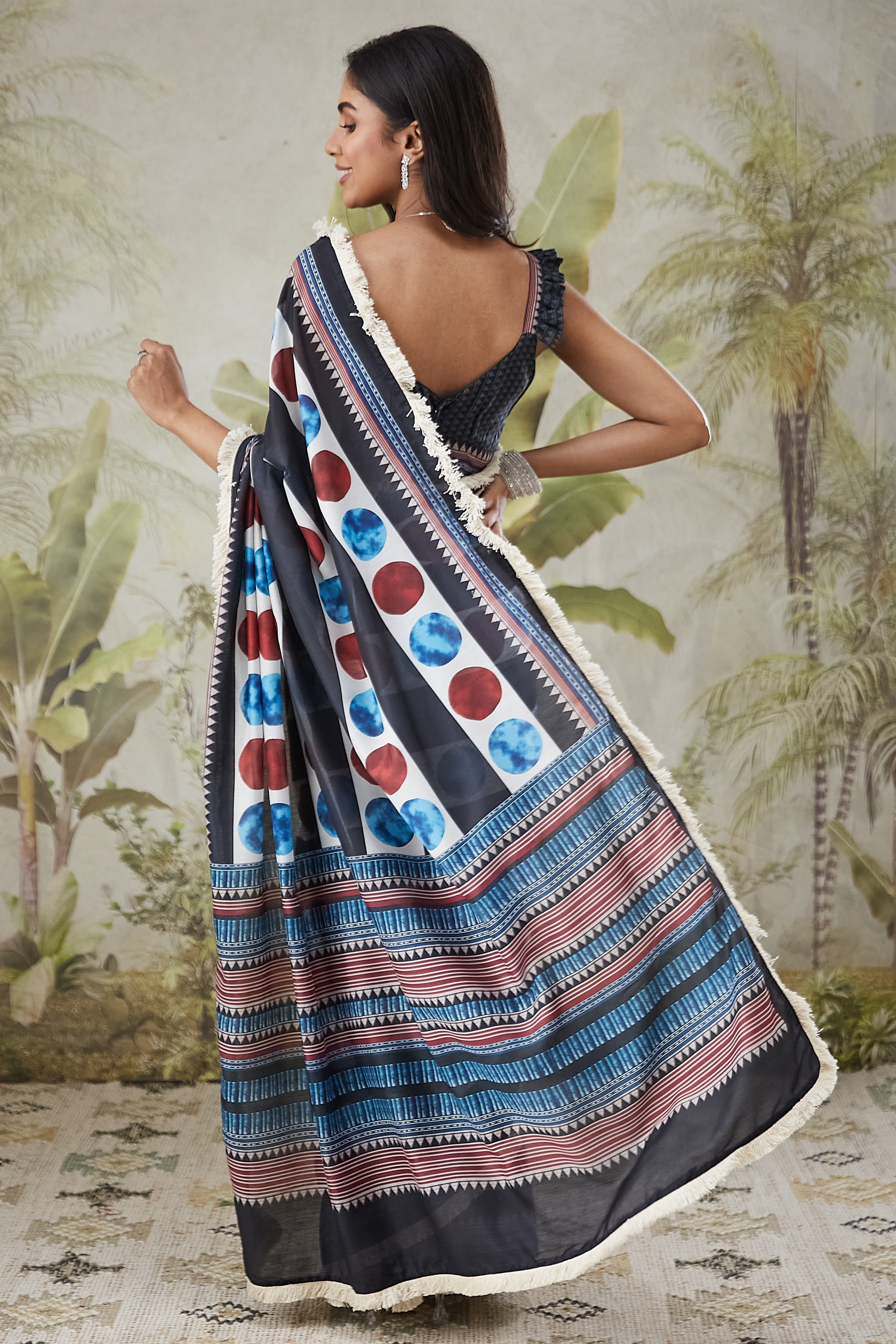 Embellished Lace Geometric Print Ready To Wear Saree