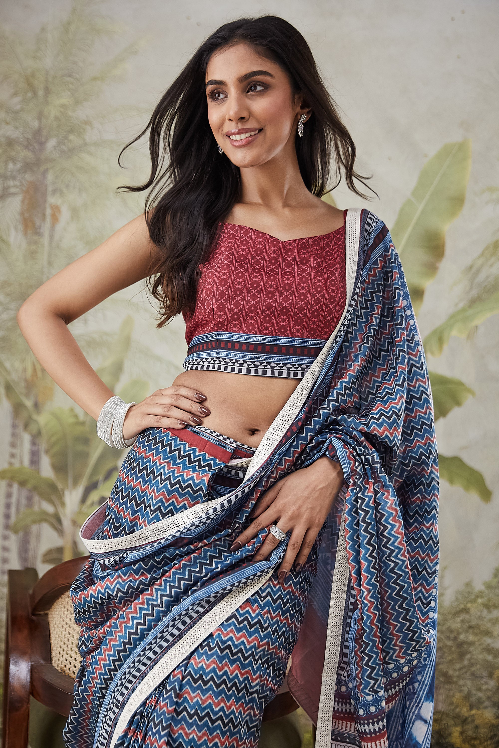 Chevron Print Lace Border Ready To Wear Saree