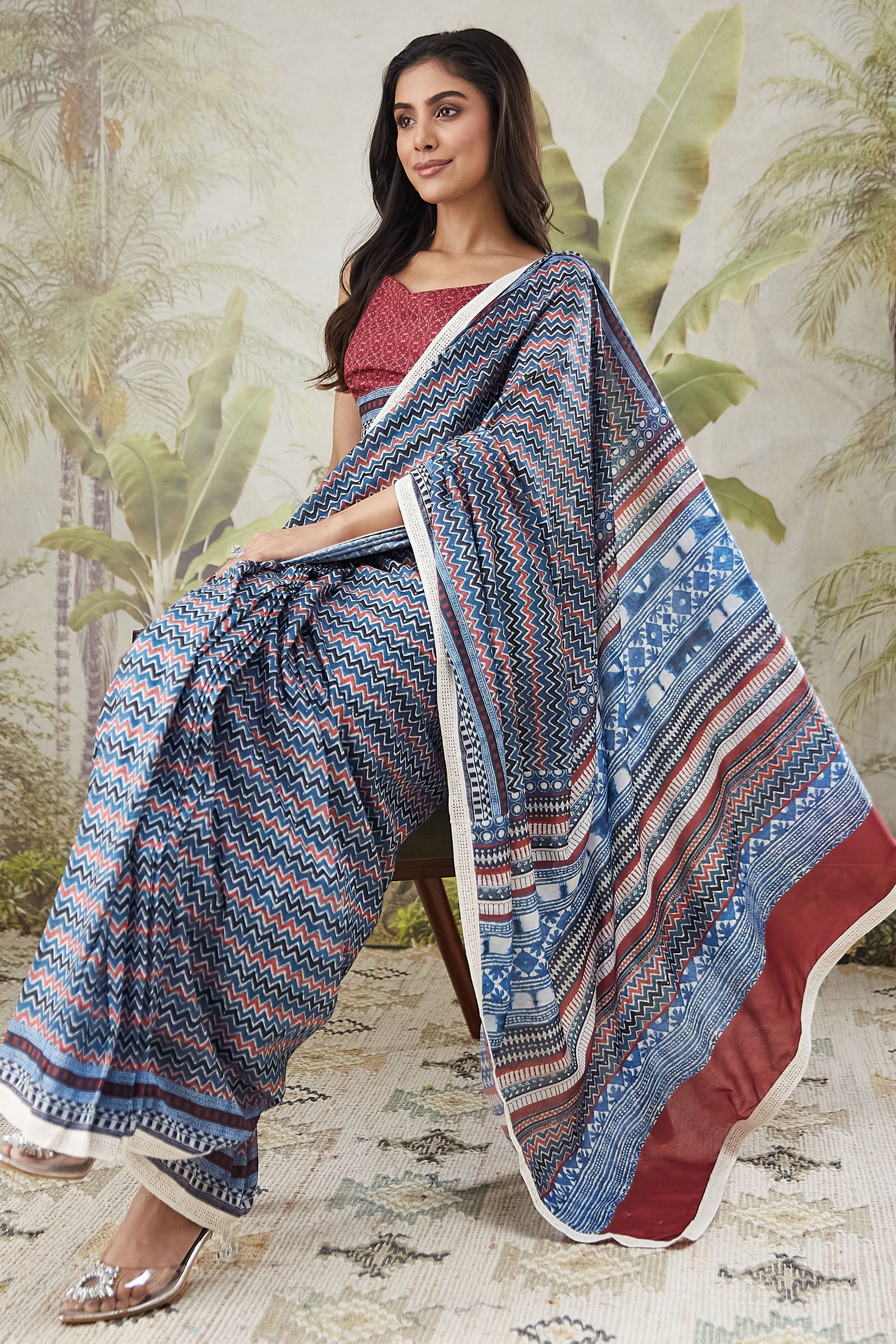 Chevron Print Lace Border Ready To Wear Saree