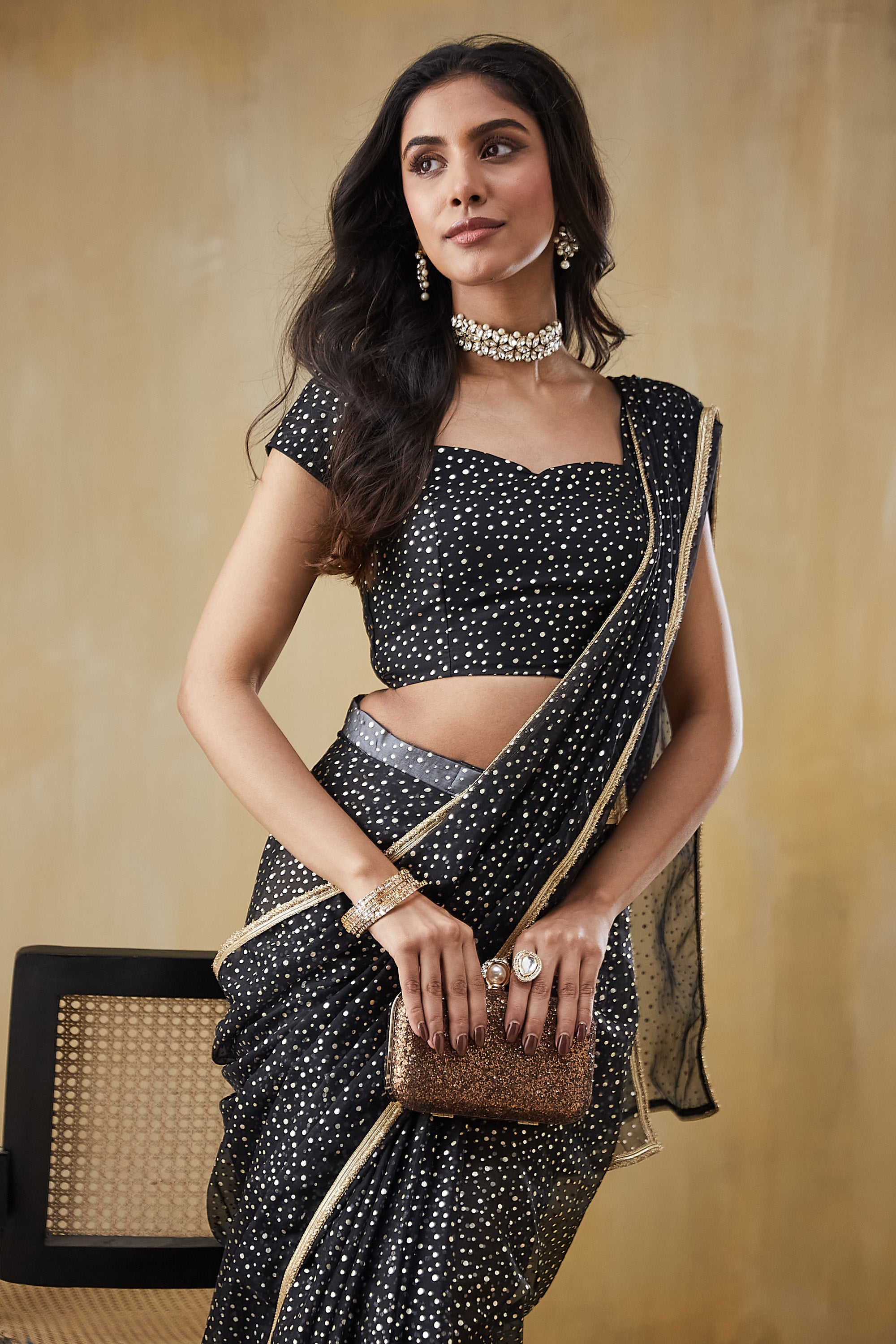 Pre-Draped Organza Polka Foil Saree