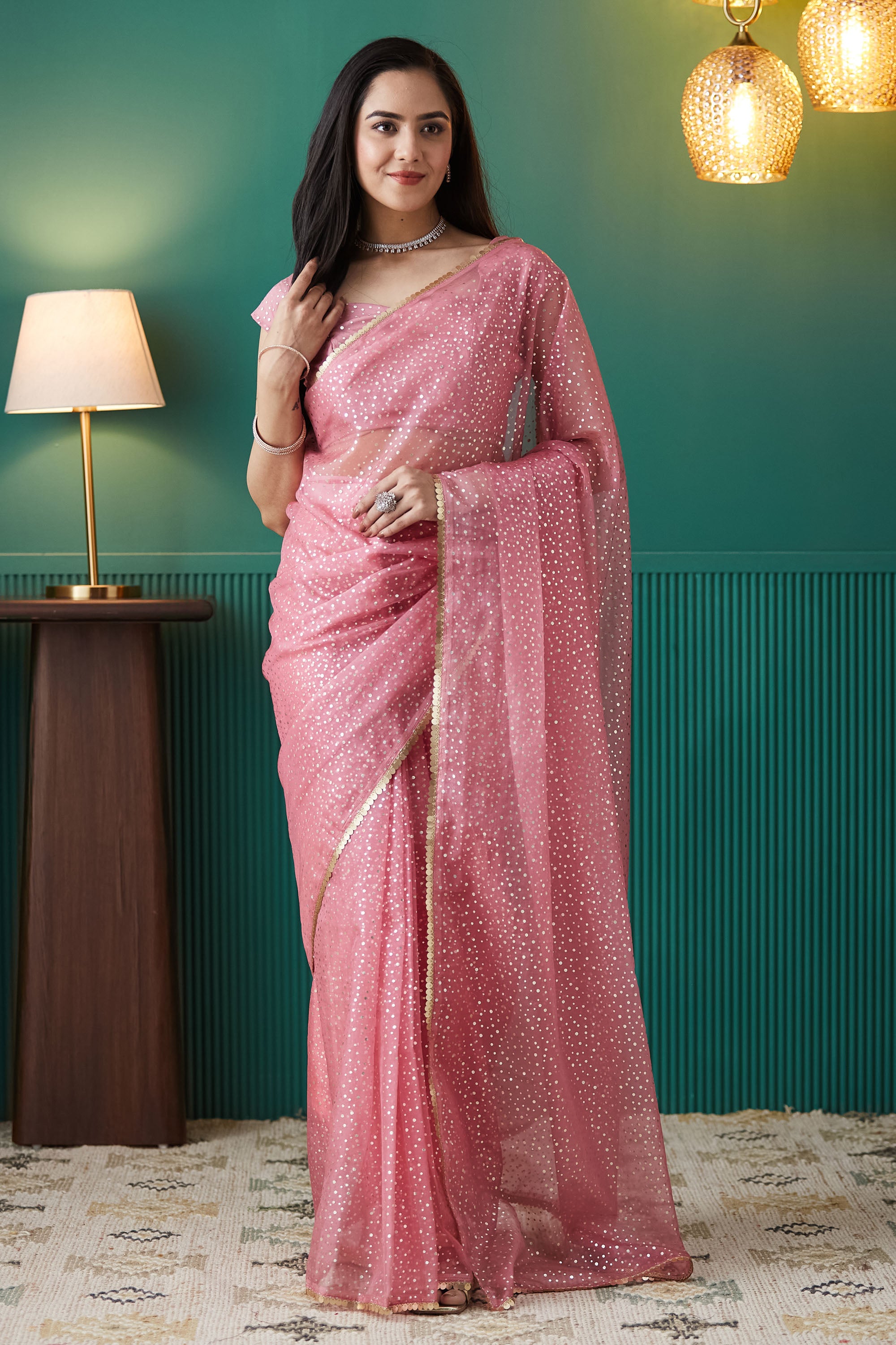 Organza Polka Foil Print Pre-Stitched  Saree