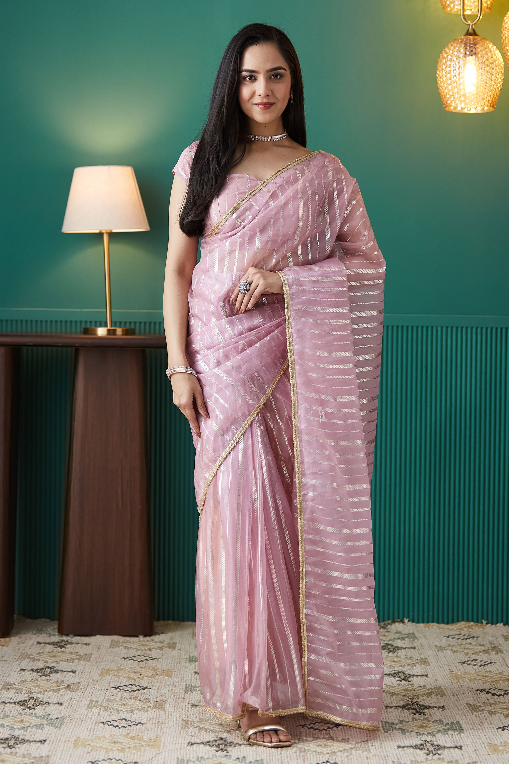 Organza Stripes Foil Print Ready To Wear Saree