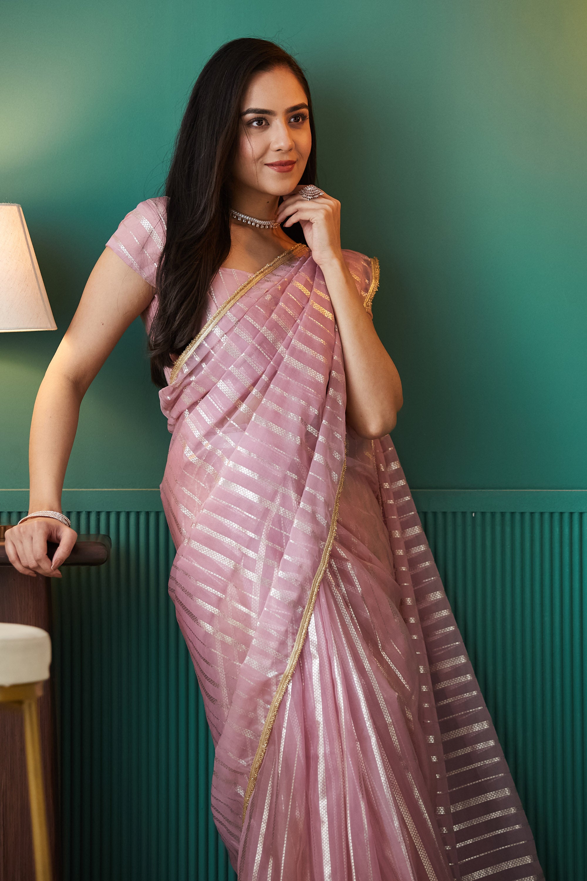 Organza Stripes Foil Print  Saree