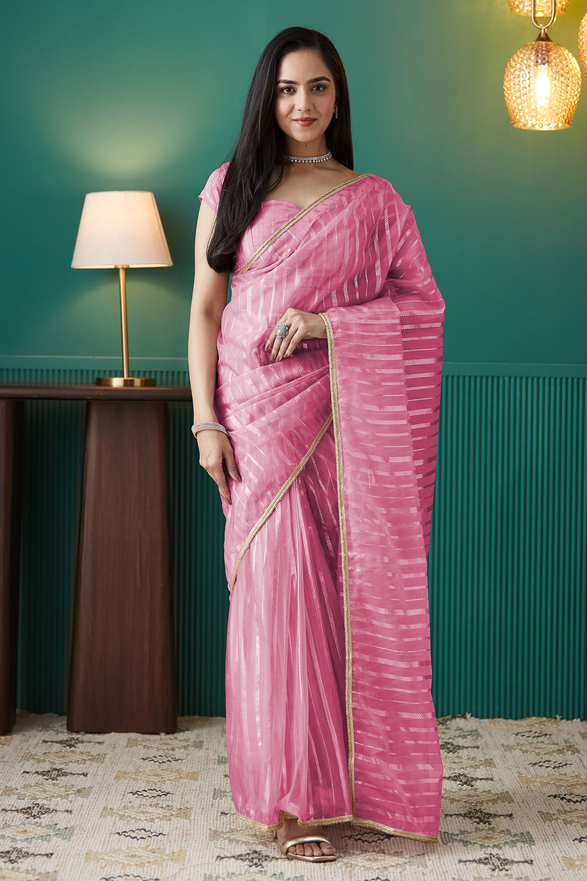 Organza Stripes Foil Print Ready To Wear Saree