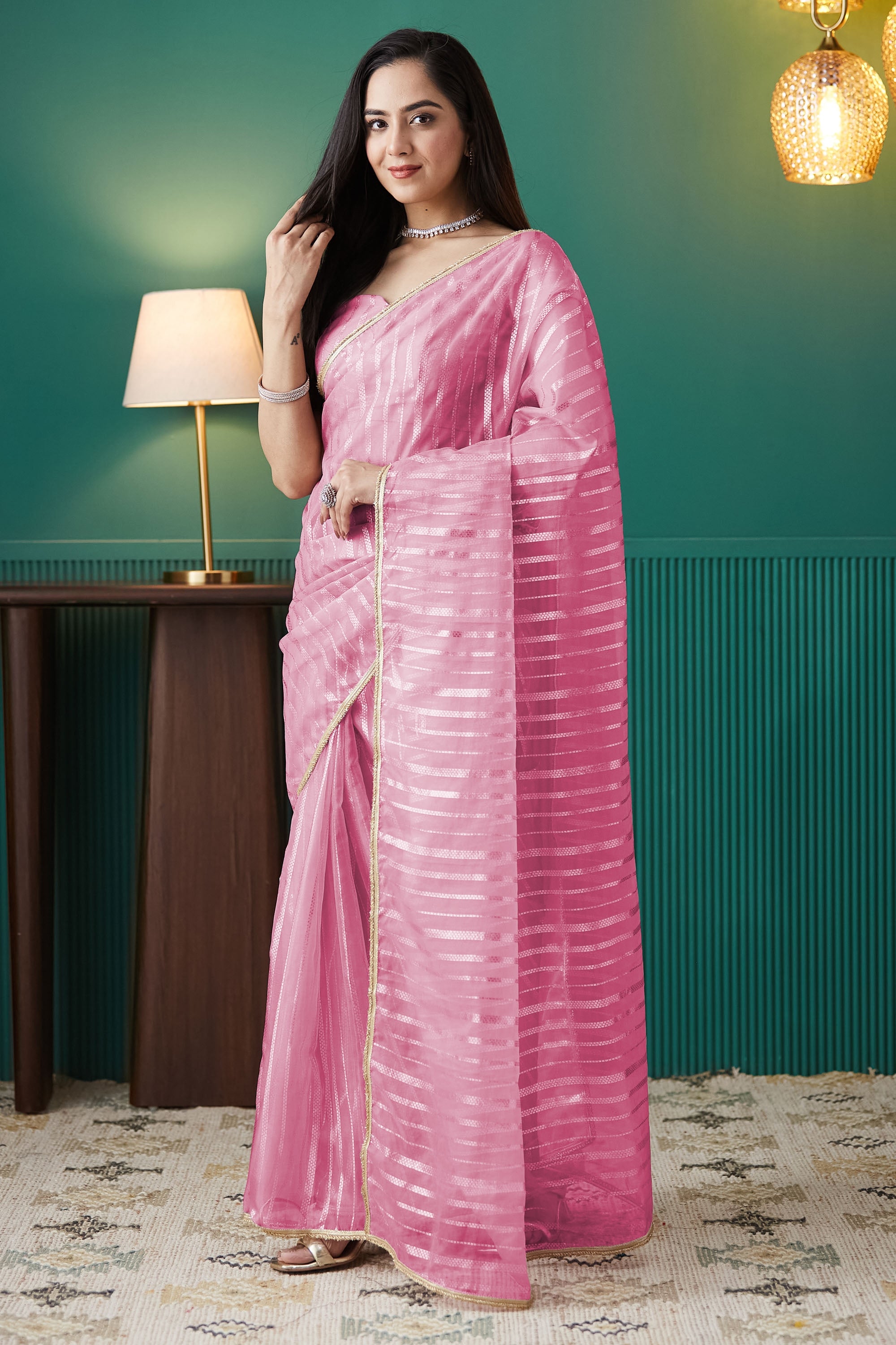 Organza Stripes Foil Print Ready To Wear Saree