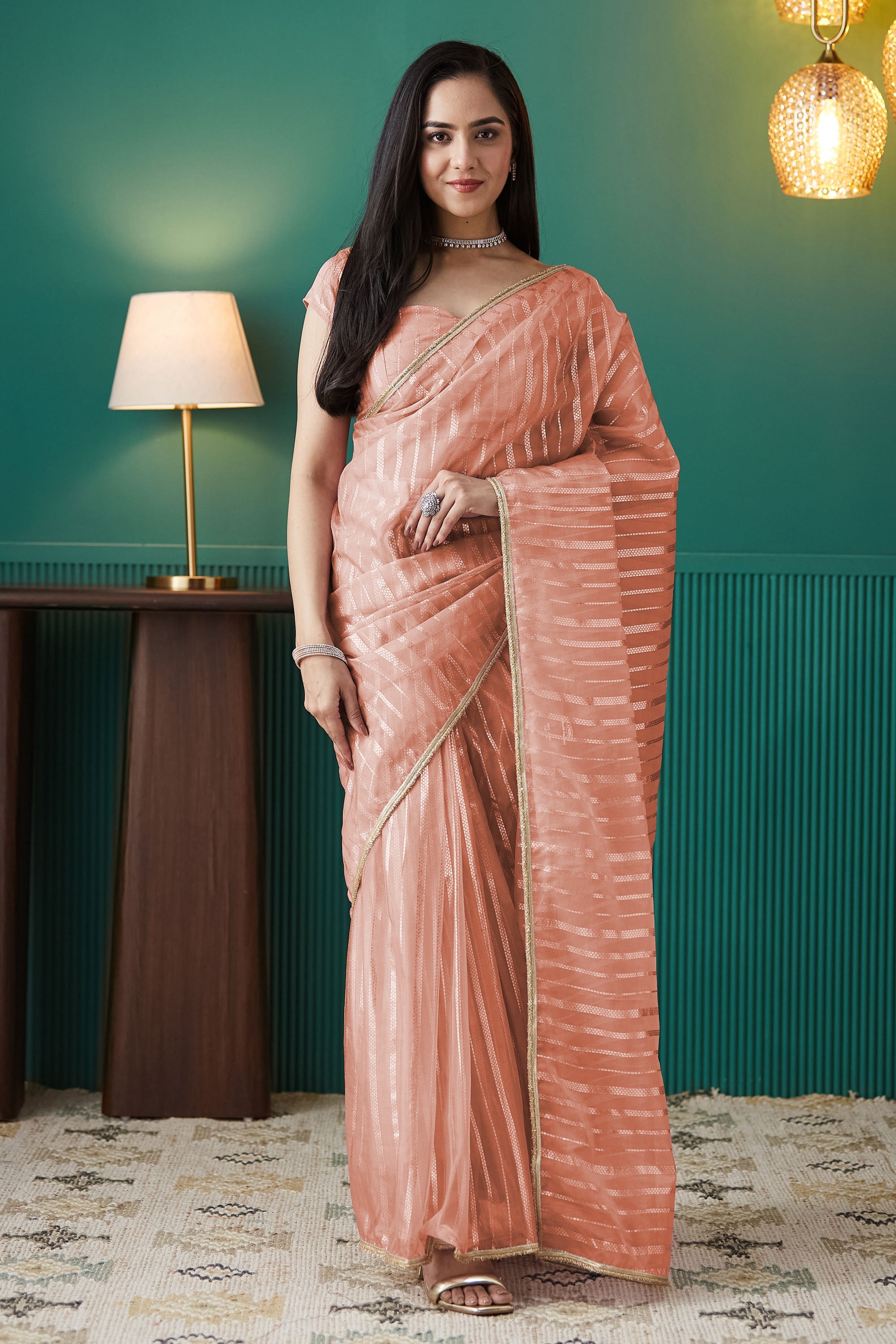 Organza Stripes Foil Print Ready To Wear Saree