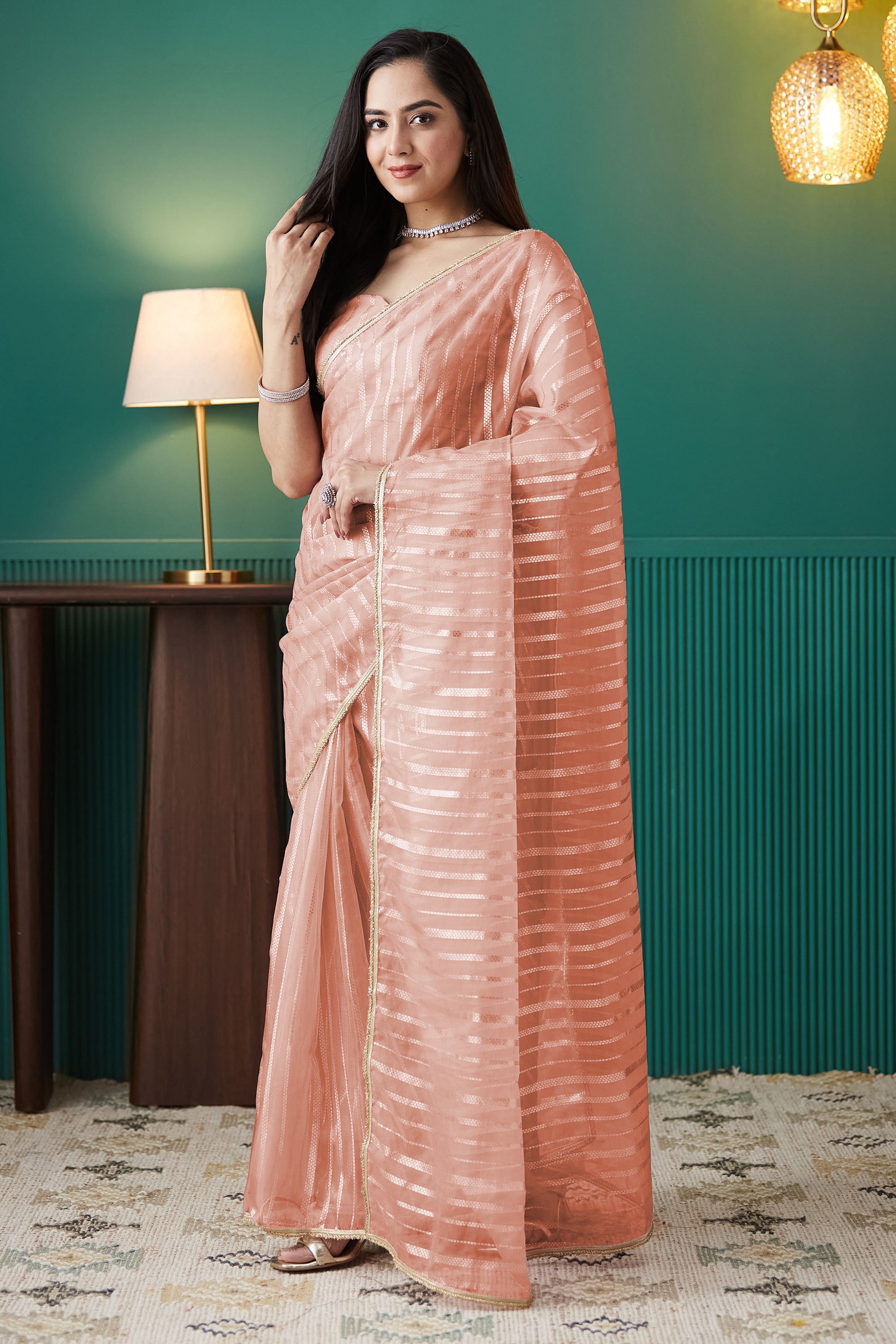 Organza Stripes Foil Print Ready To Wear Saree