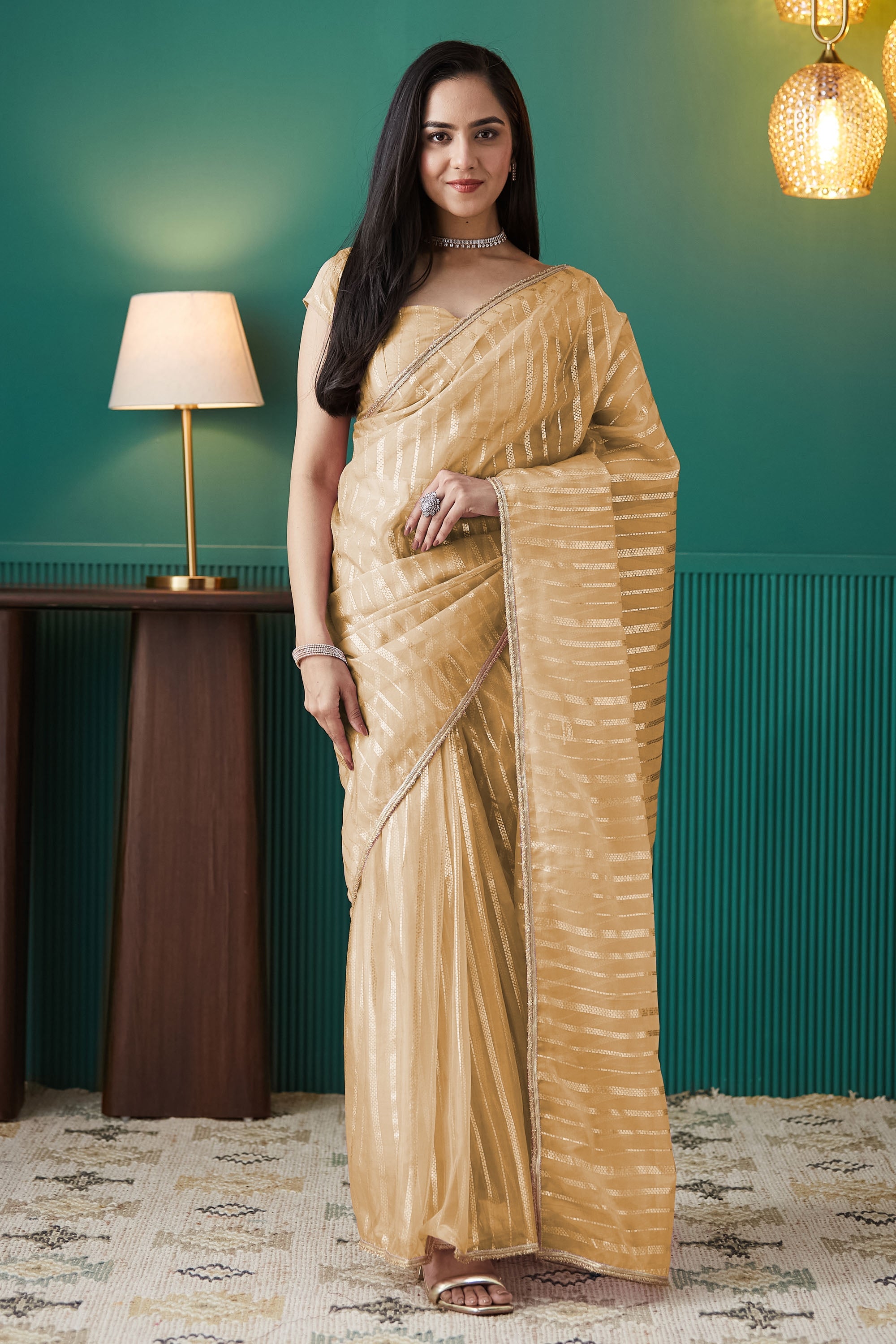 Organza Stripes Foil Print Ready To Wear Saree