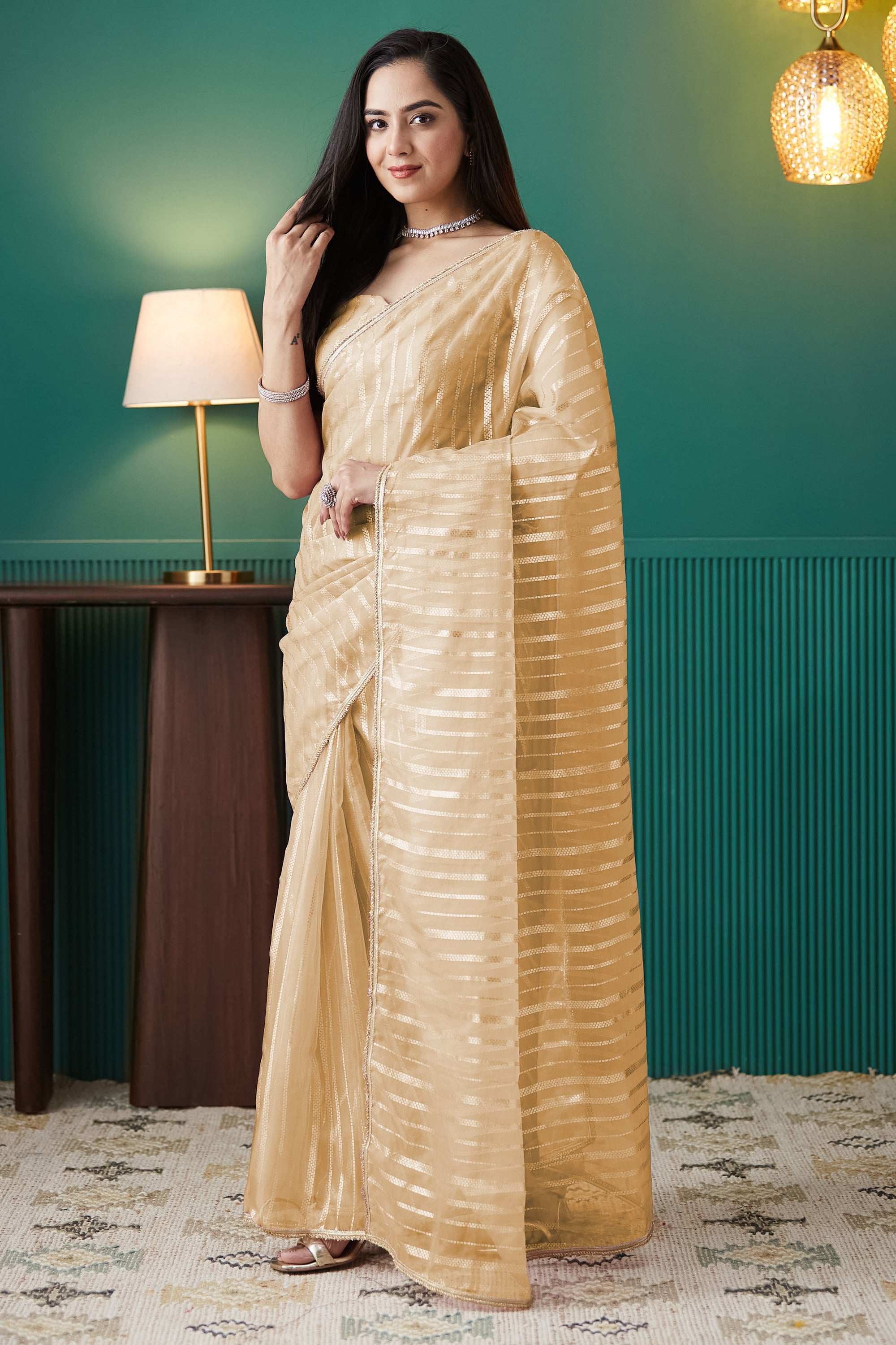 Organza Stripes Foil Print Ready To Wear Saree