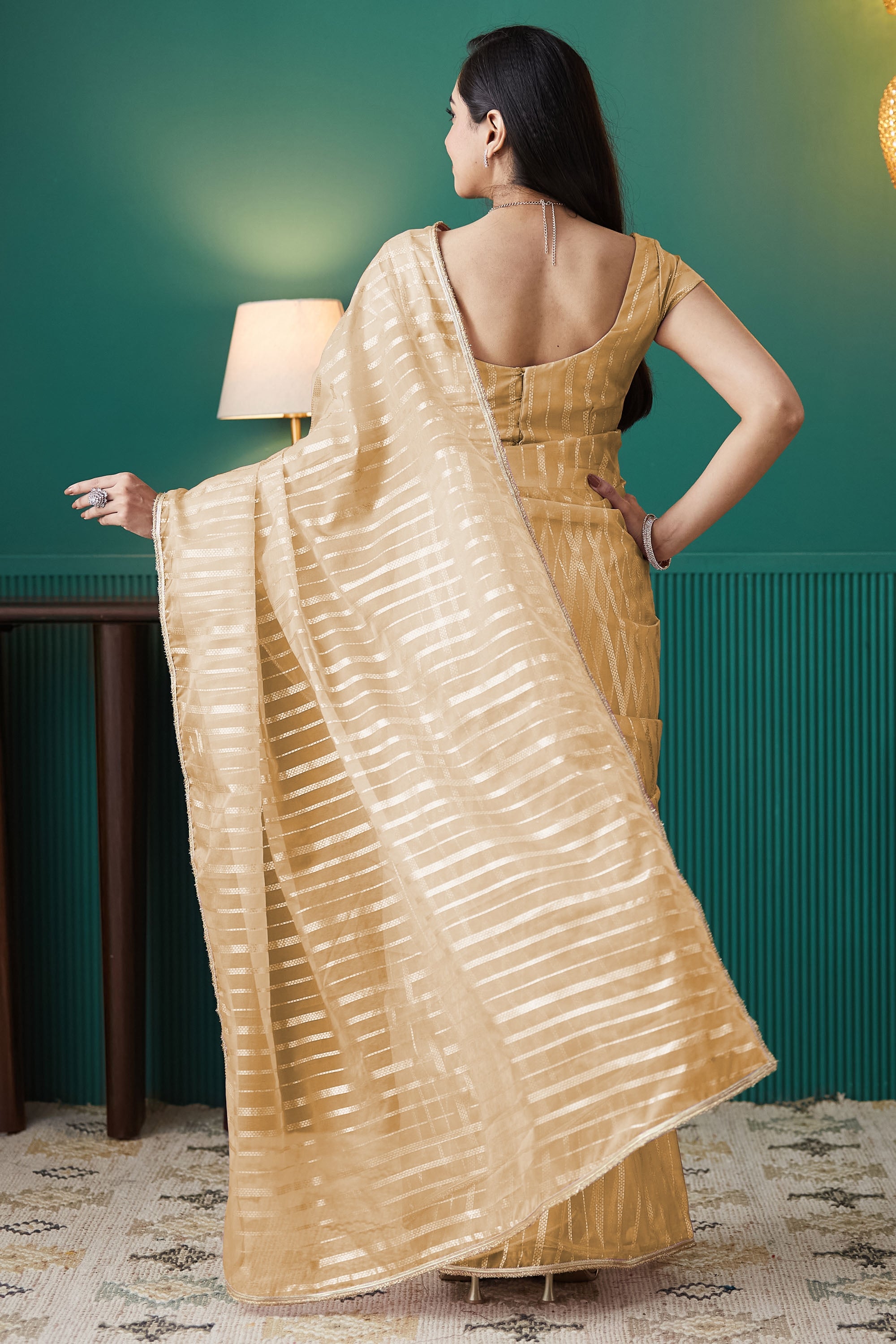 Organza Stripes Foil Print Ready To Wear Saree