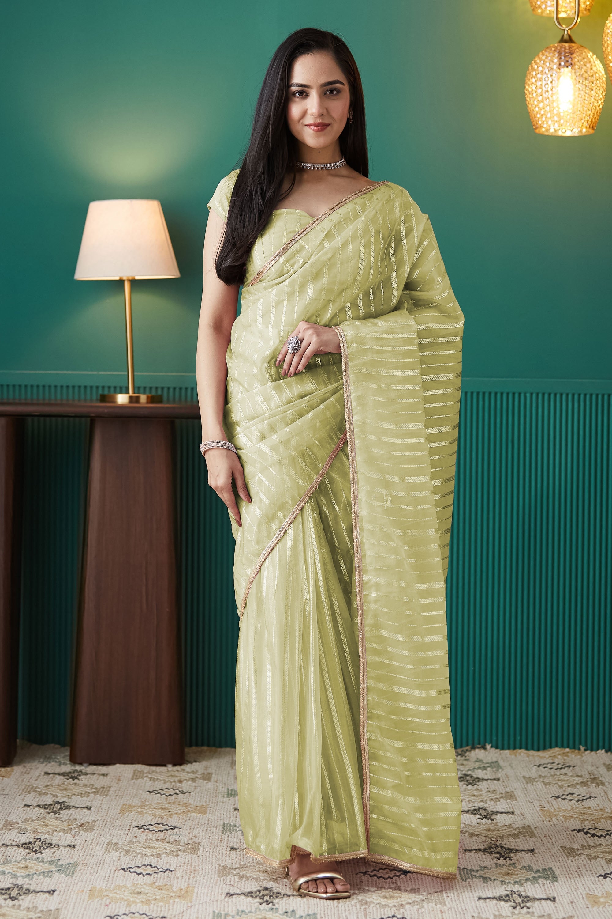 Organza Stripes Foil Print Ready To Wear Saree