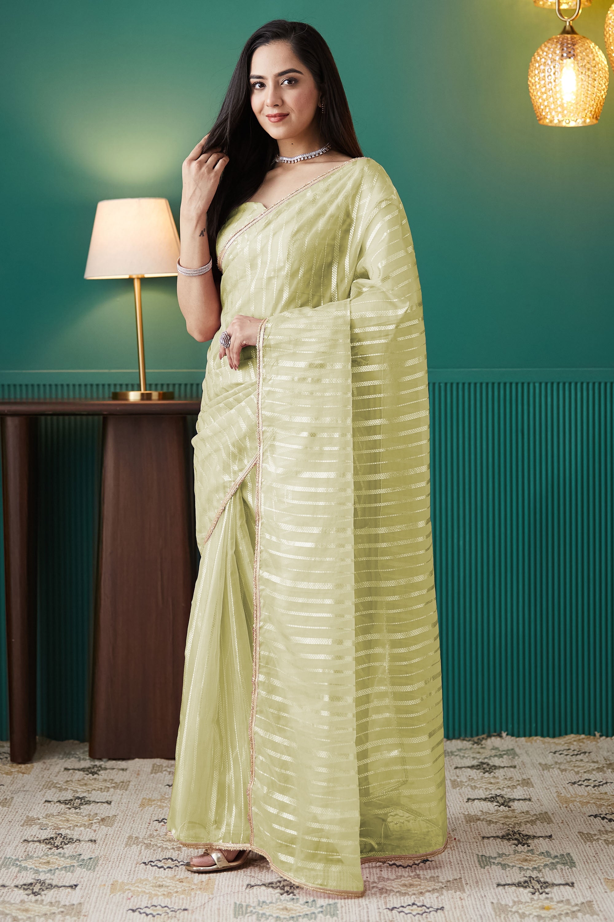 Organza Stripes Foil Print Ready To Wear Saree