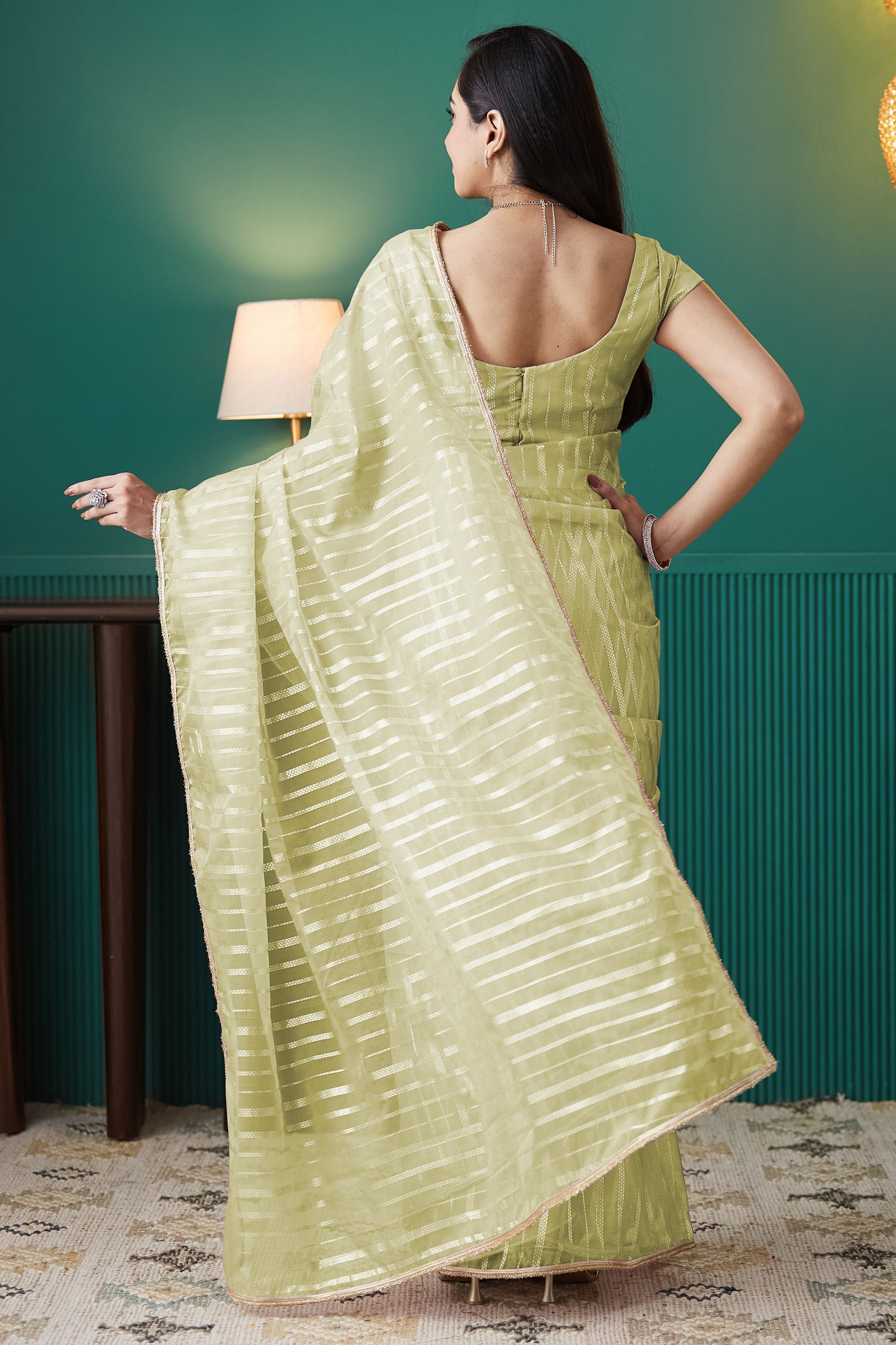 Organza Stripes Foil Print Ready To Wear Saree