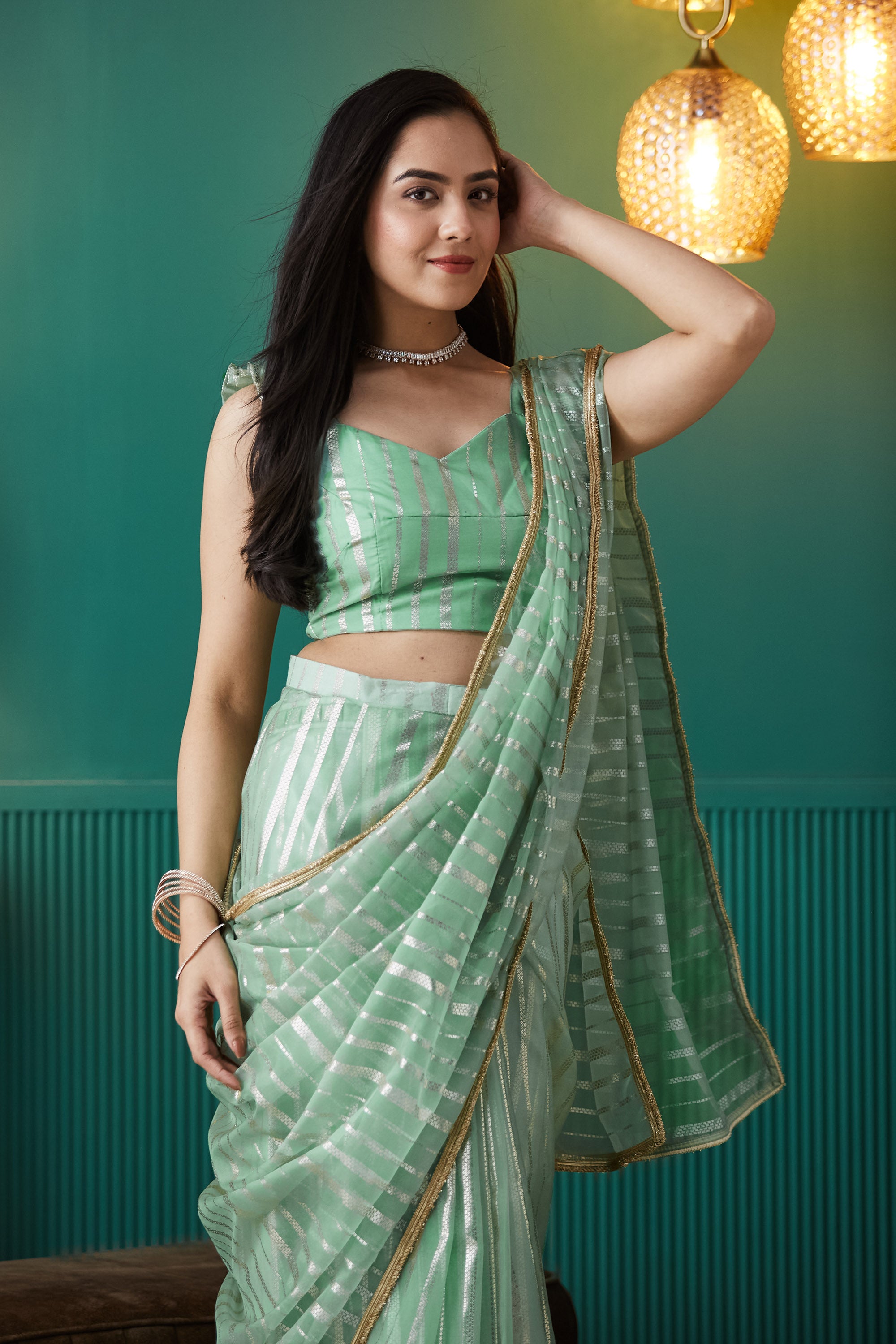 Organza Stripes Foil Print Ready To Wear Saree