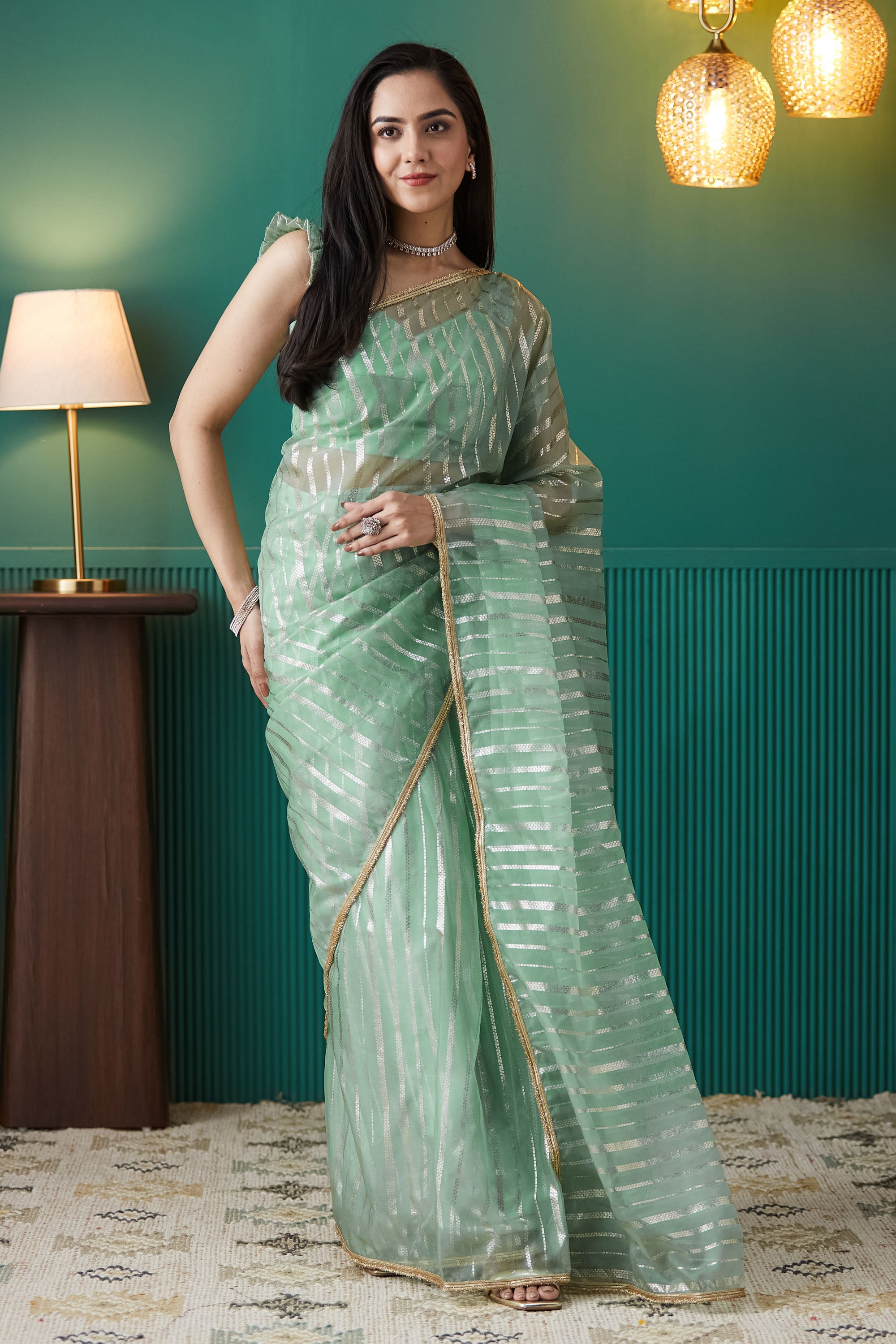 Organza Stripes Foil Print Ready To Wear Saree