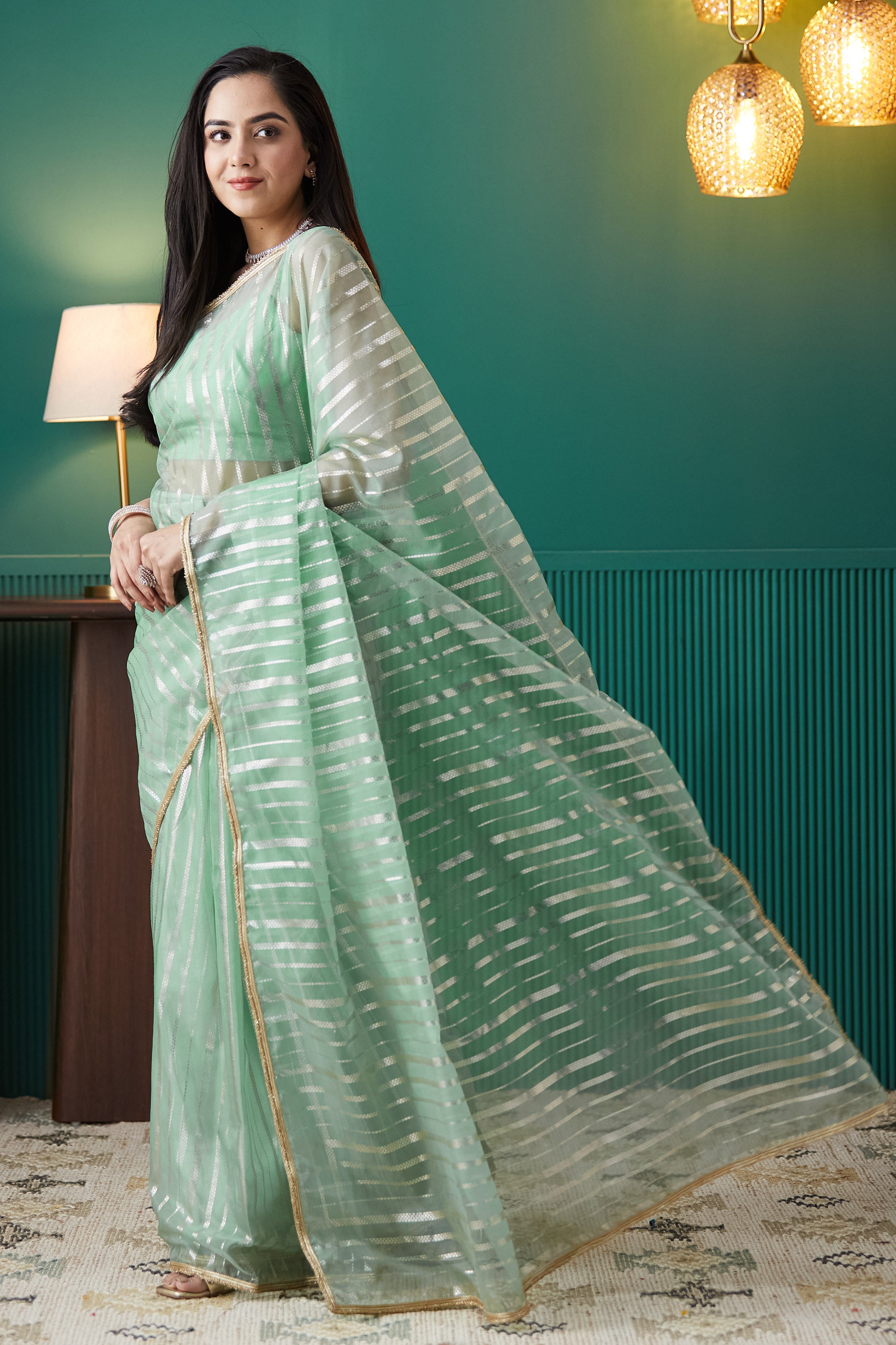 Organza Stripes Foil Print Ready To Wear Saree