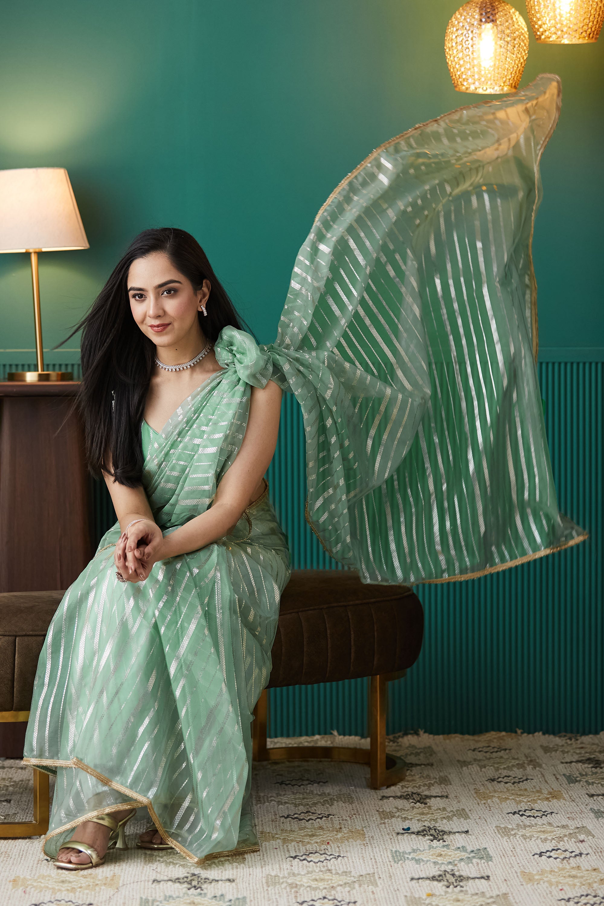 Organza Stripes Foil Print Ready To Wear Saree