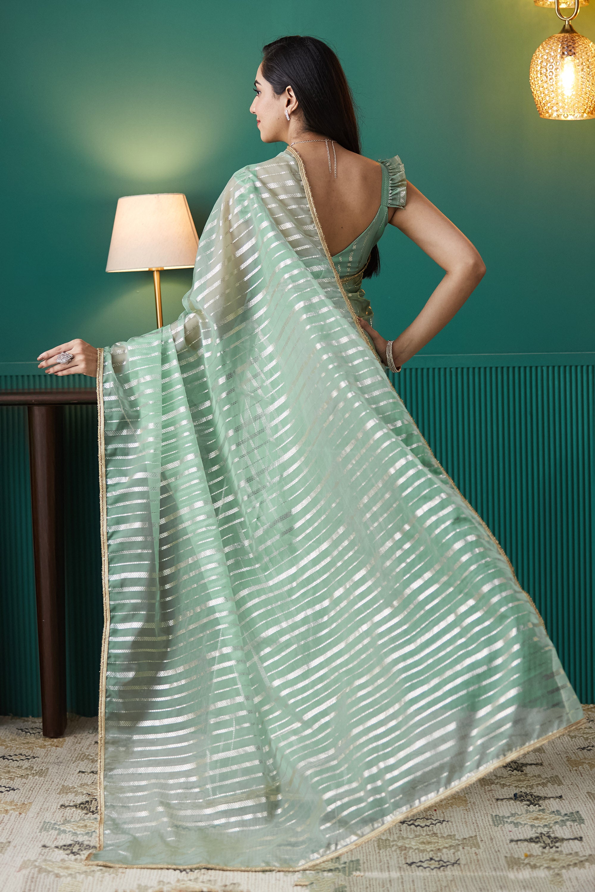 Organza Stripes Foil Print Ready To Wear Saree