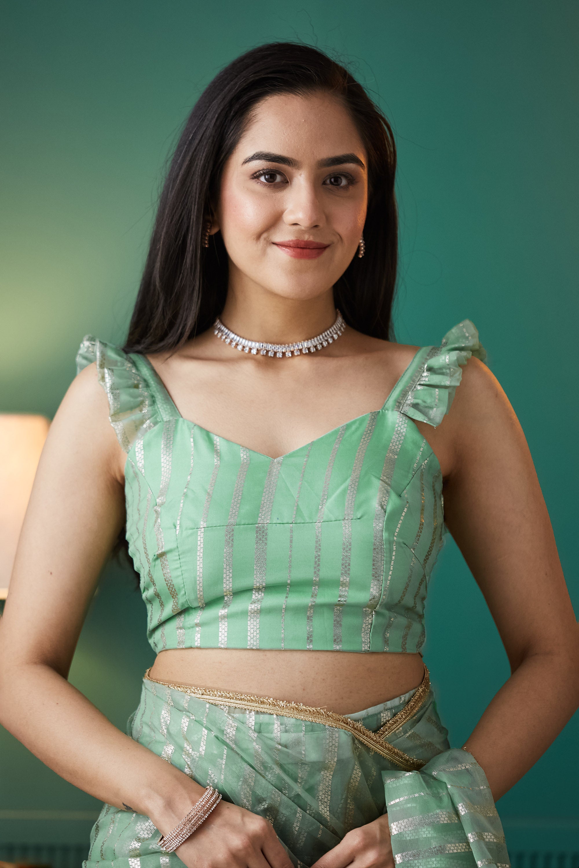 Organza Stripes Foil Print Ready To Wear Saree