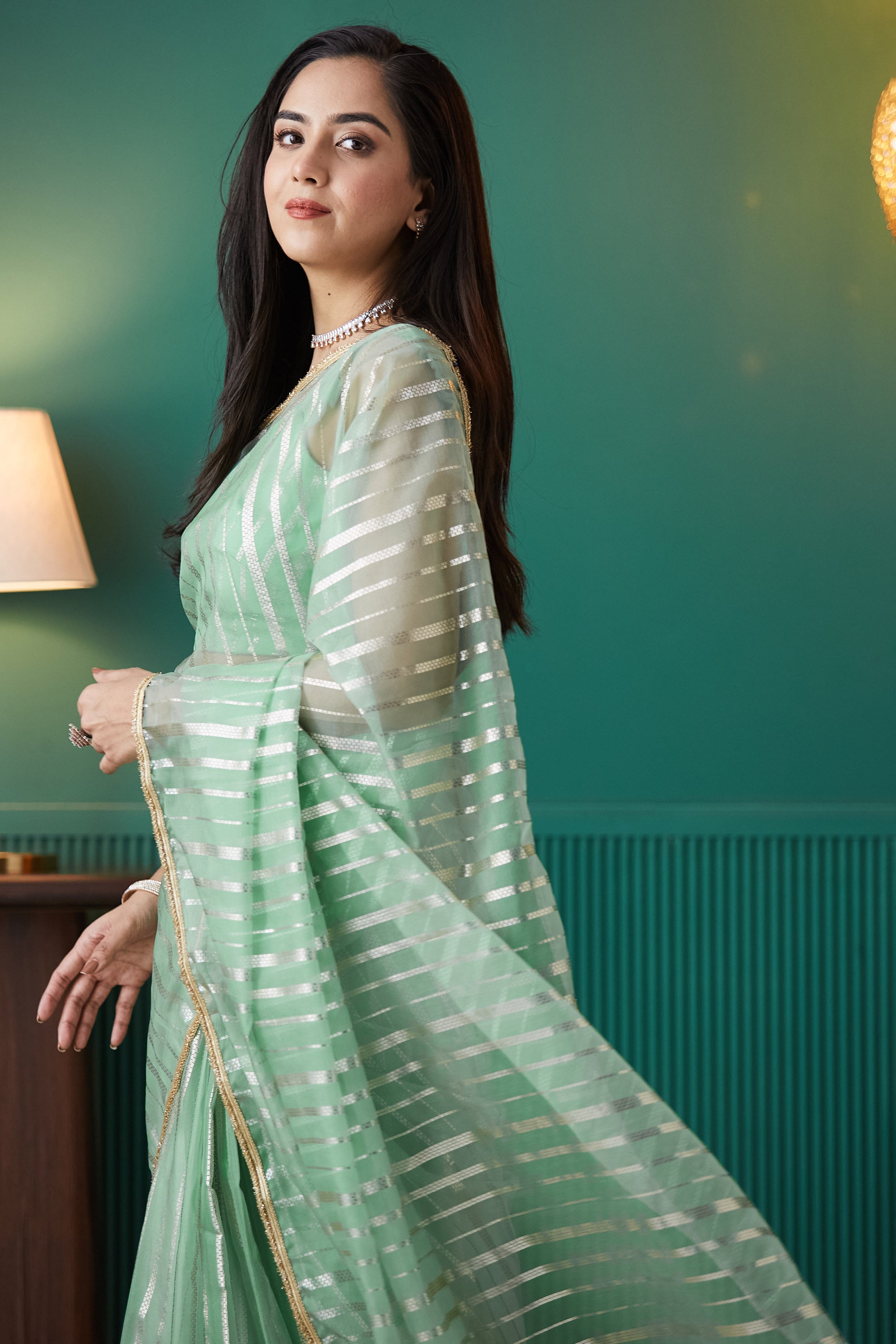 Organza Stripes Foil Print Ready To Wear Saree