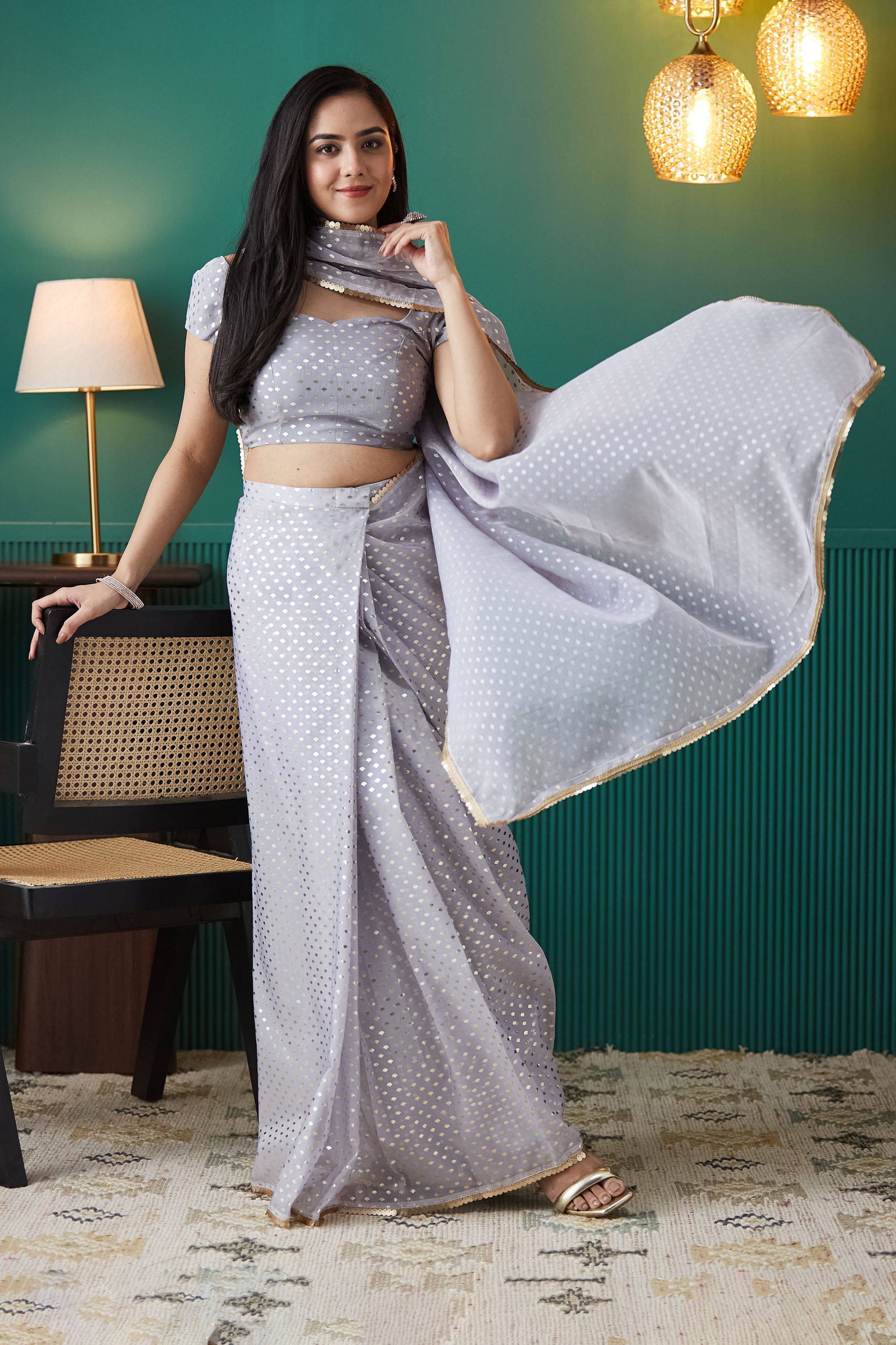 Organza Polka Foil Print Saree