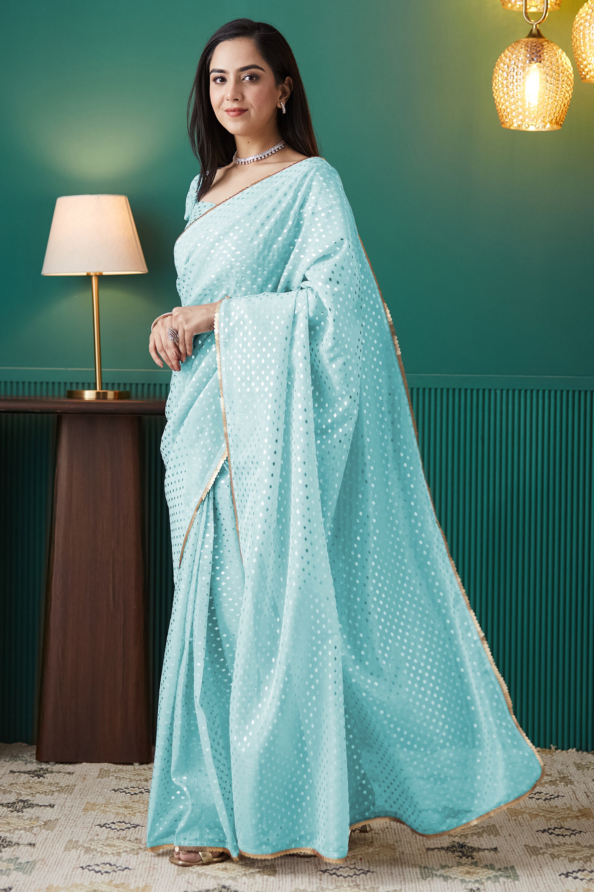 Organza Polka Foil Print Ready To Wear Saree