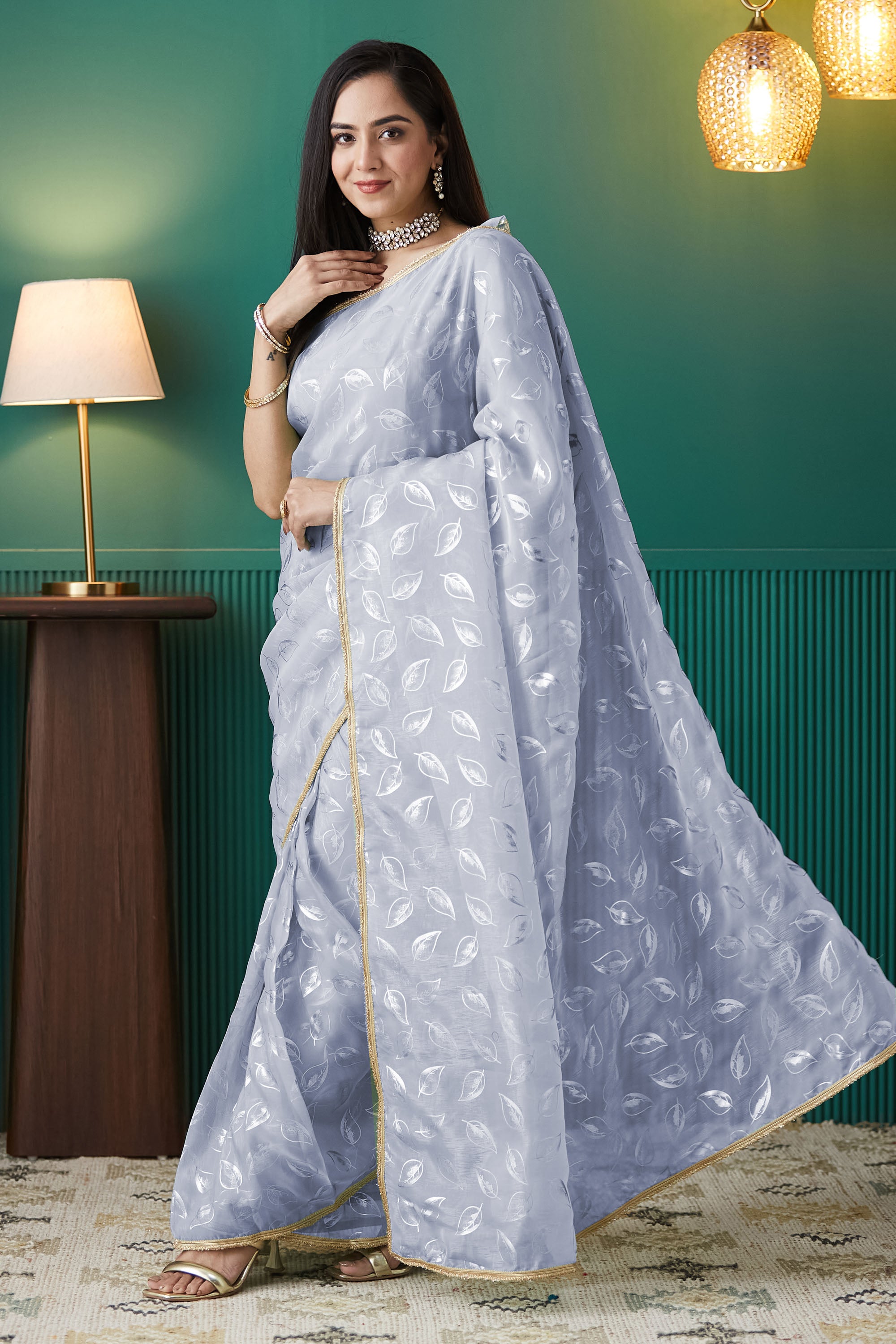 Organza Leaf Foil Print Ready To Wear Saree